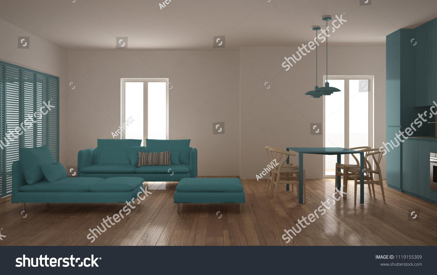 Modern Clean Living Room Kitchen Dining Stockillustration