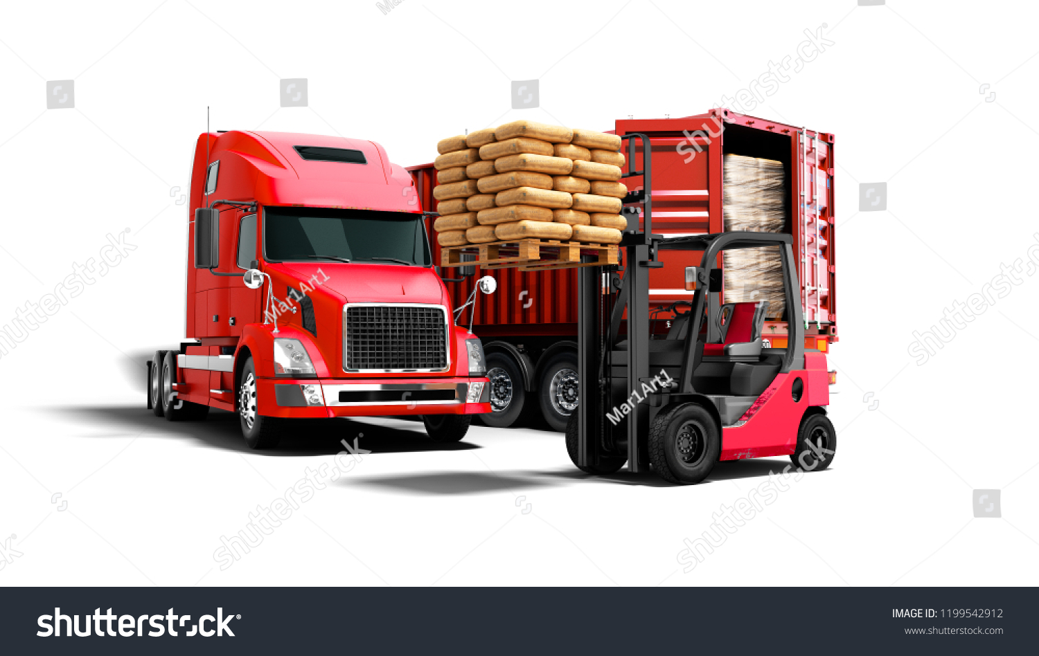 Modern Concept Unloading Cargo Red Truck Transportation Stock Image