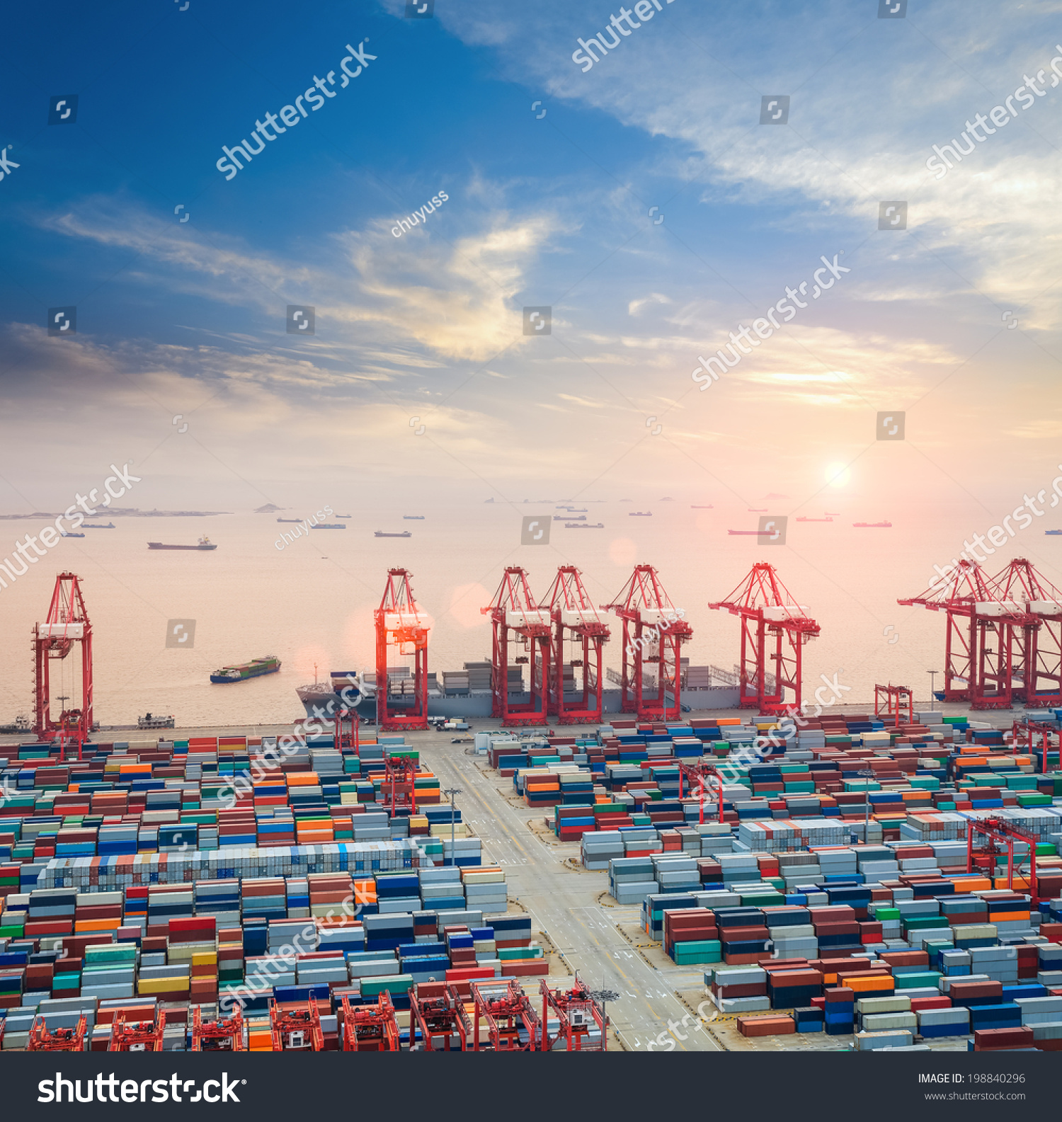 Modern Container Terminal At Dusk ,The Busy Logistics Background Stock ...