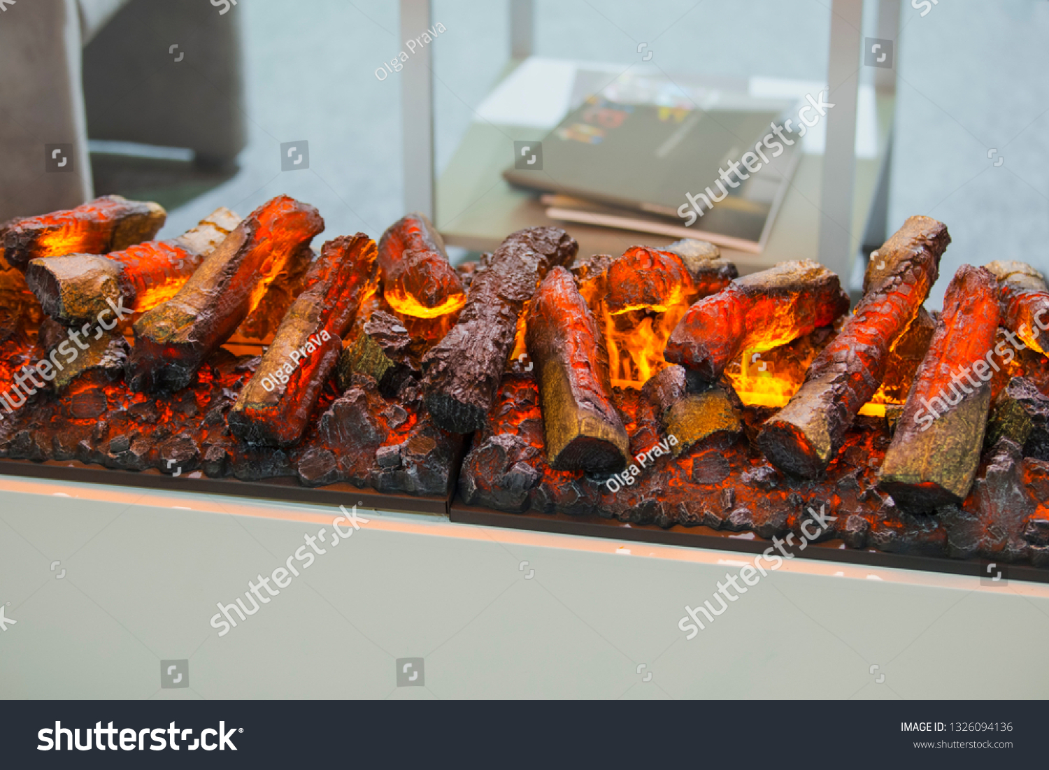 Modern Electric Fireplace Imitation Flame Firewood Stock Photo