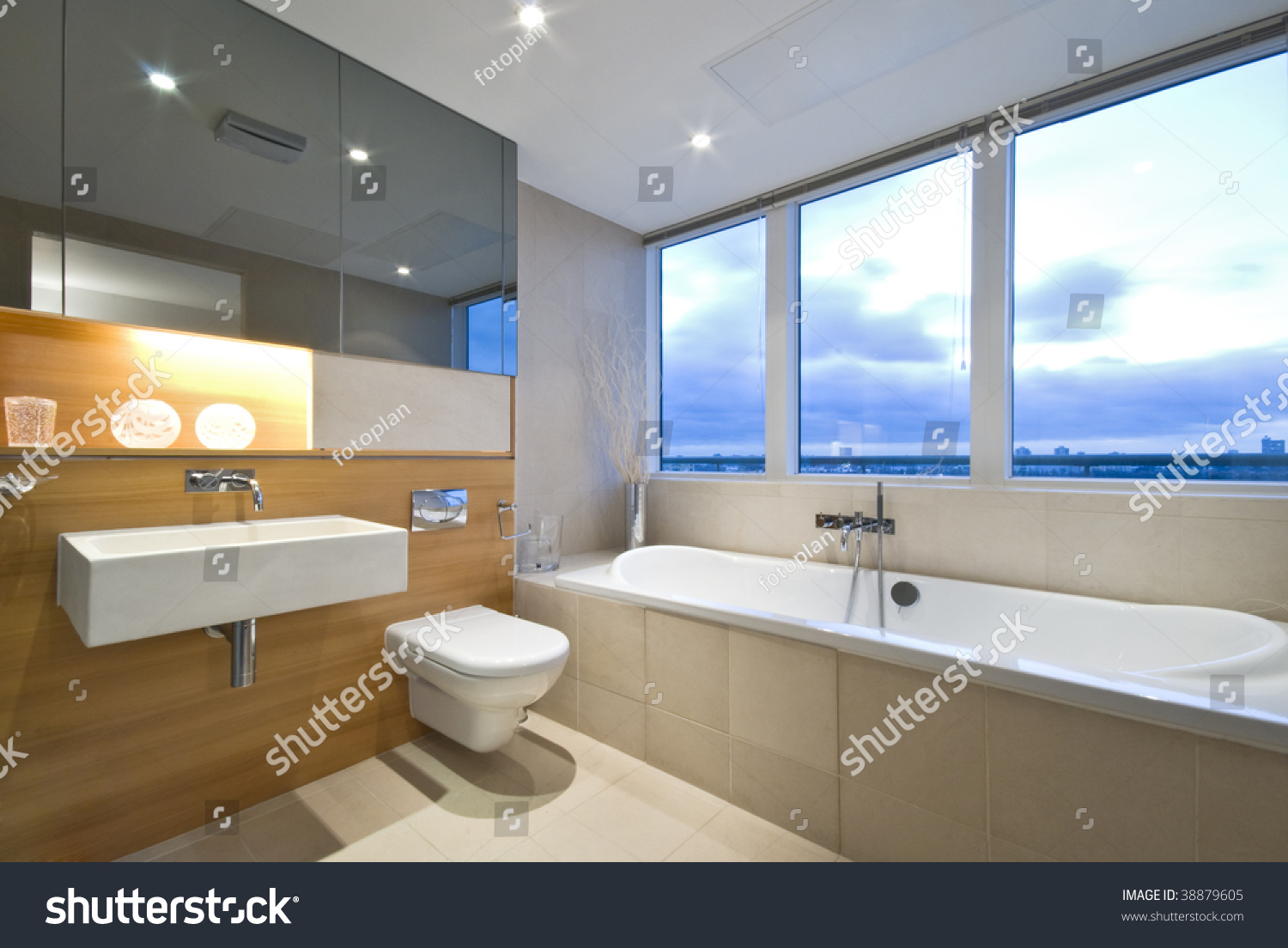 Modern En-Suite Bathroom With Large Window Stock Photo 38879605 ...