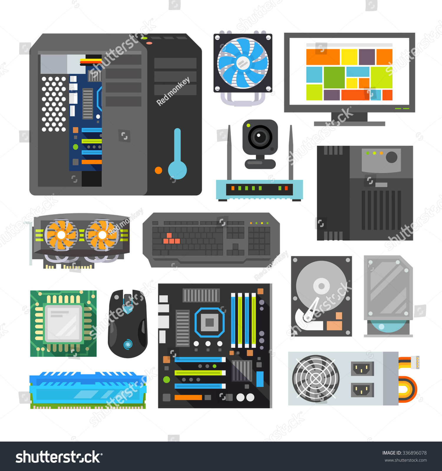 Modern Flat Icons Set. Pc Components. Computer Store. Assembling A ...