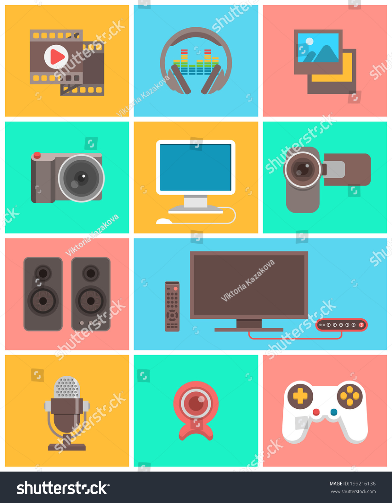 Modern Flat Multimedia Icons In Colored Squares Which Illustrate The ...