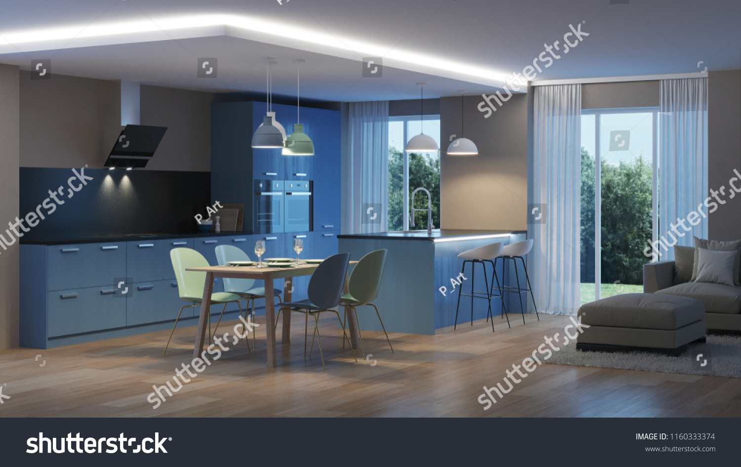 Modern house interior blue kitchen night evening lighting 3d rendering