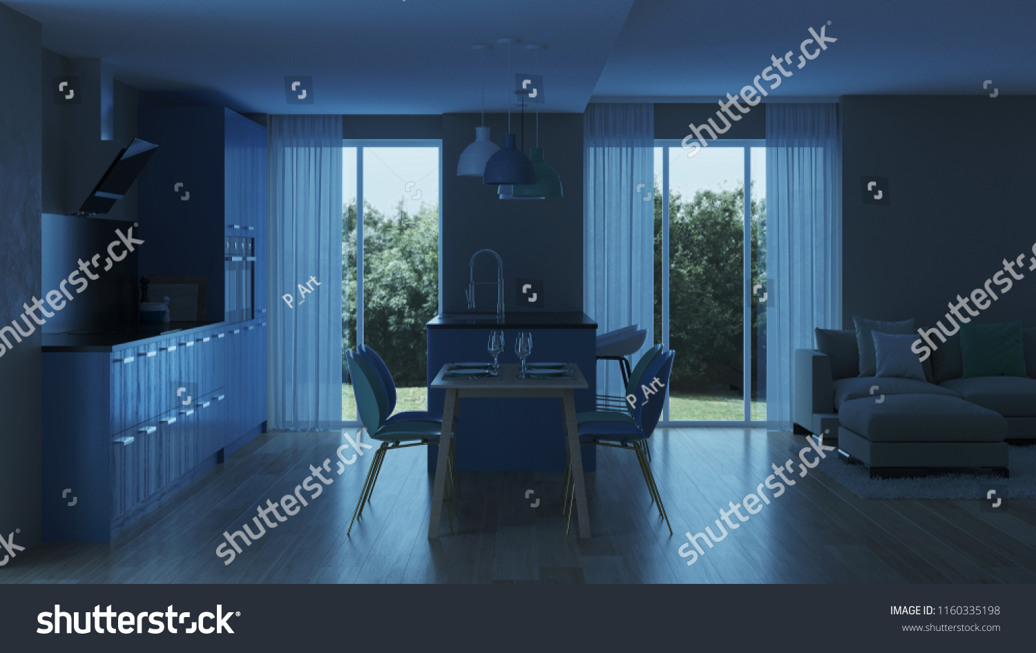 Modern house interior blue kitchen night evening lighting 3d rendering