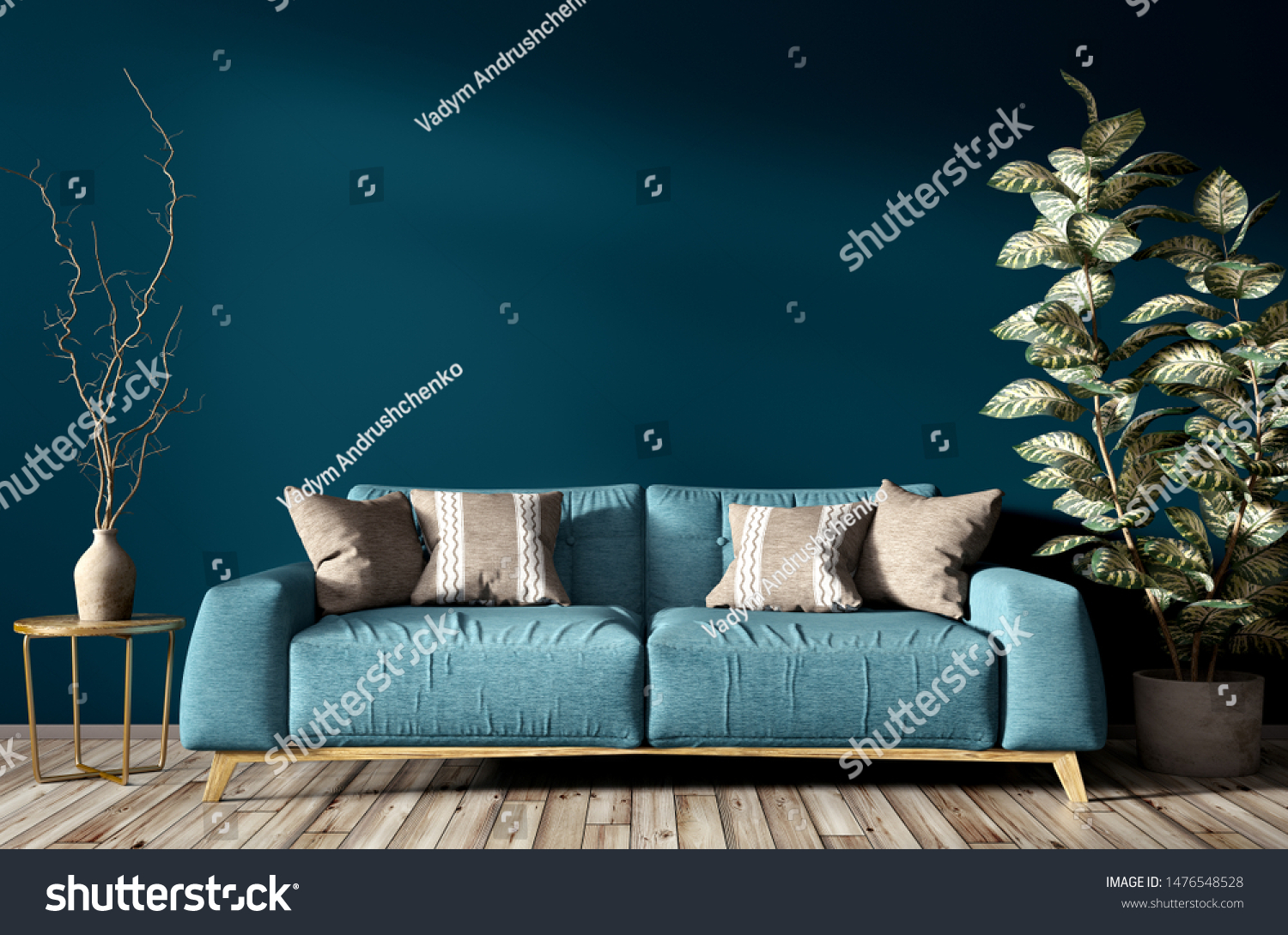 Modernes Wohnzimmer Mit Turkisfarbenem Sofa Hauspflanze Und Vase Mit Zweig Auf Blauer Wand 3d Rendering