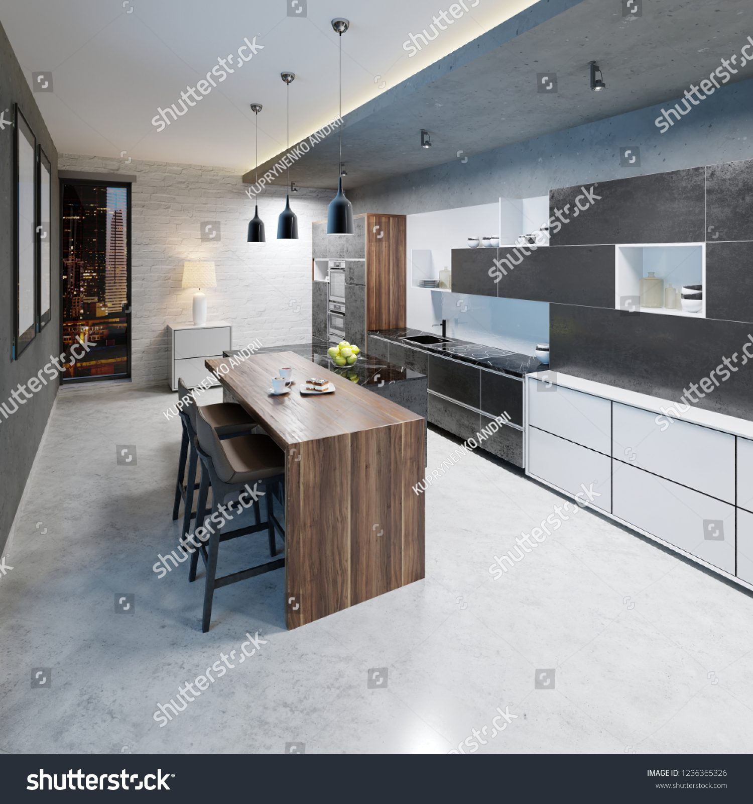 Modern Kitchen Design Long Center Island Stock Illustration 1236365326