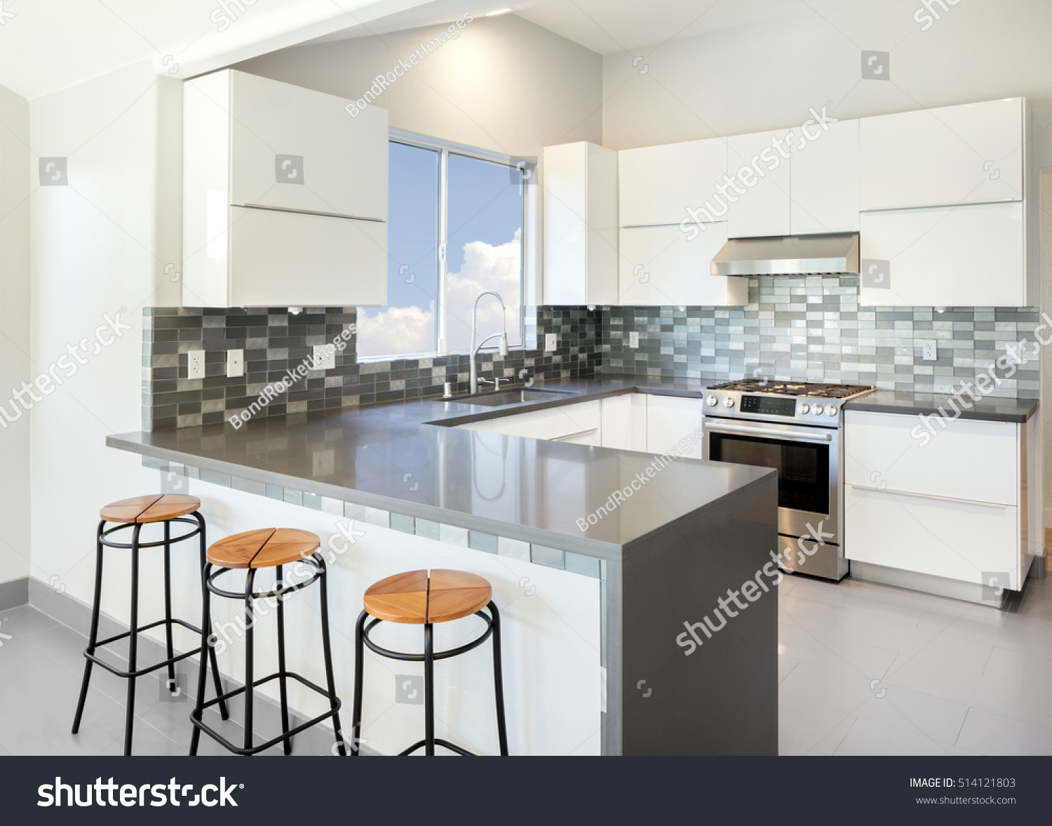 Modern Kitchen White Bar Stools Grey Stock Photo Edit Now