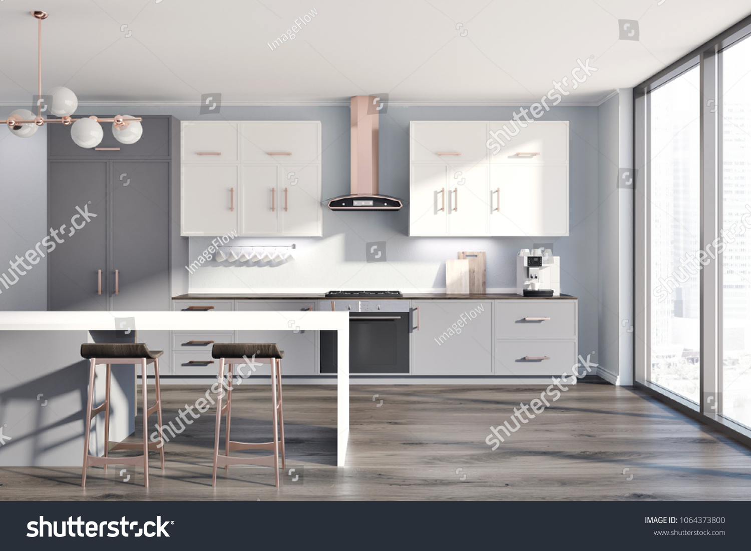 Modern Kitchen Interior Gray Walls White Stock Illustration 1064373800