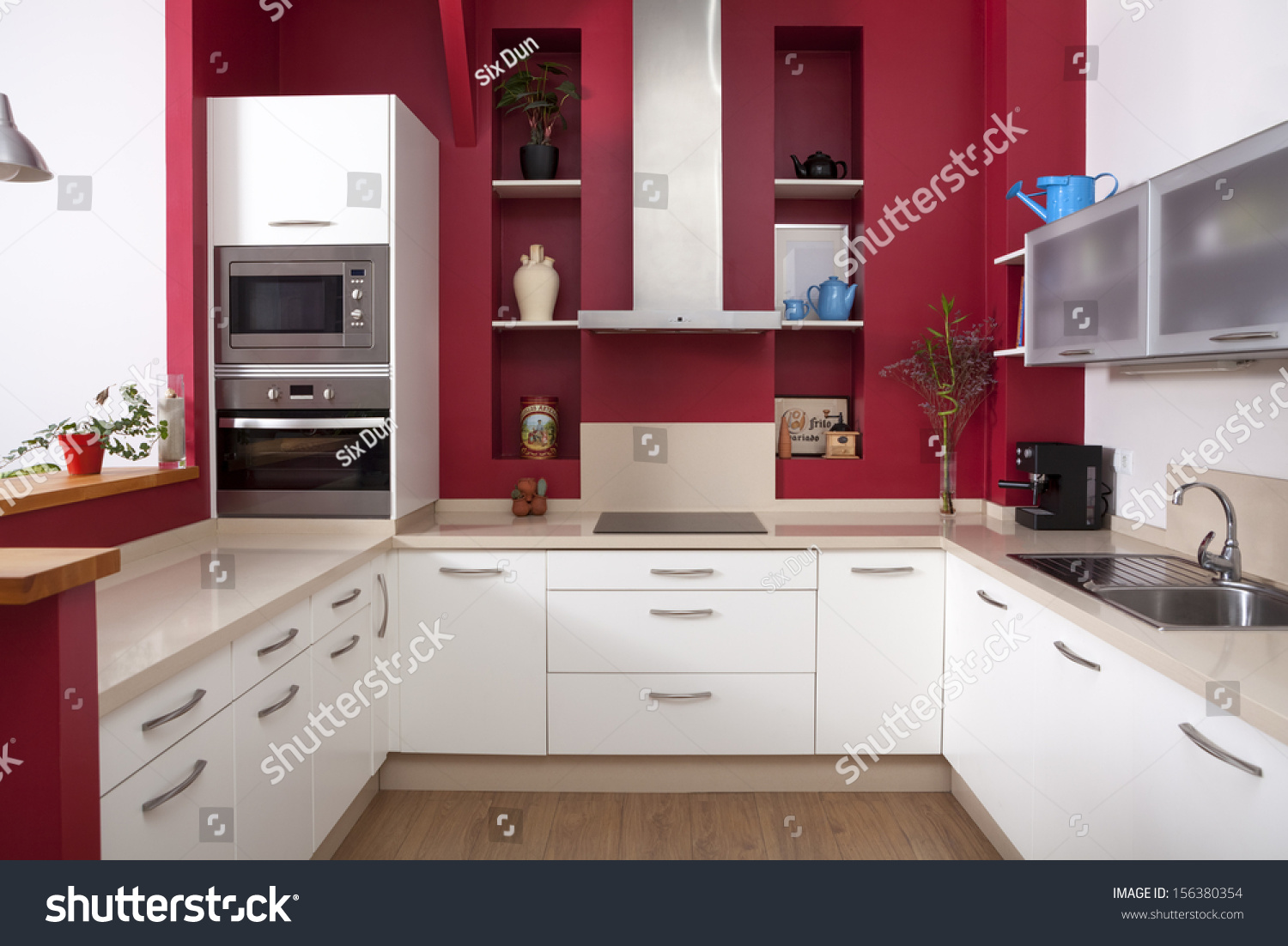 Modern Kitchen Interior Red Walls White Stock Photo Edit Now 156380354