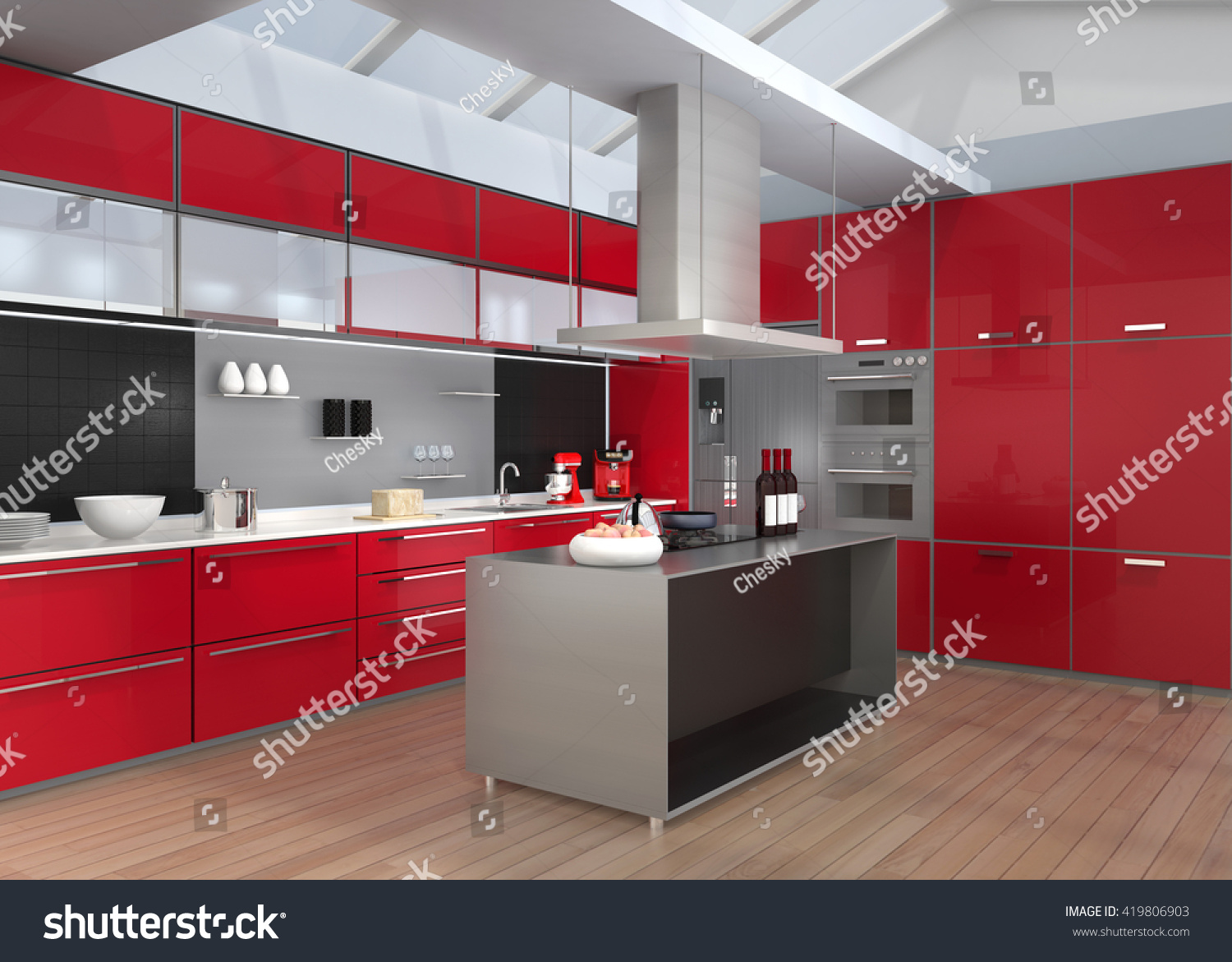 Modern Kitchen Interior Smart Appliances Red Stock Illustration 419806903