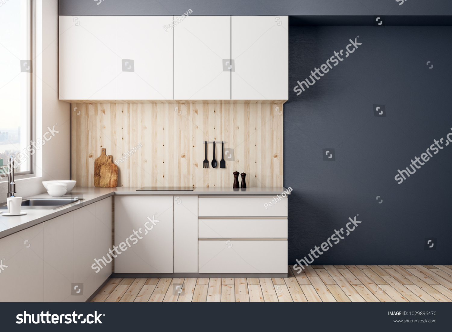 Stock Photo Modern Kitchen Room Interior With Copy Space On Wall And Daylight Mock Up D Rendering 1029896470 