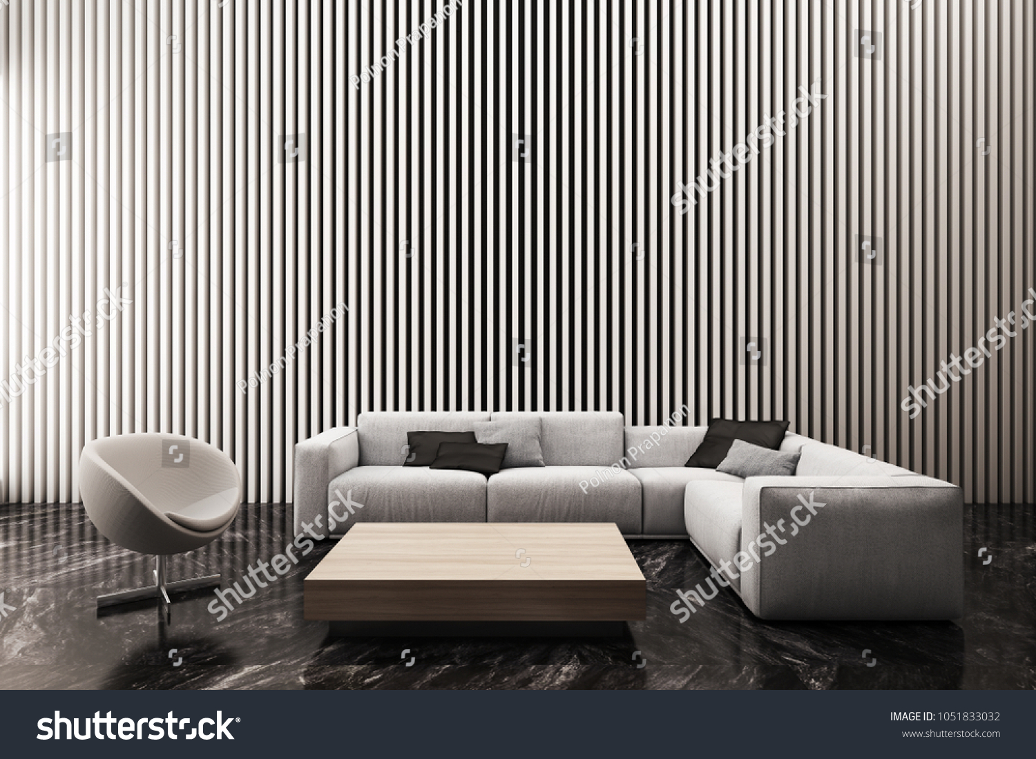 Modern living room decorate wall with white vertical battens pattern 3d rendering
