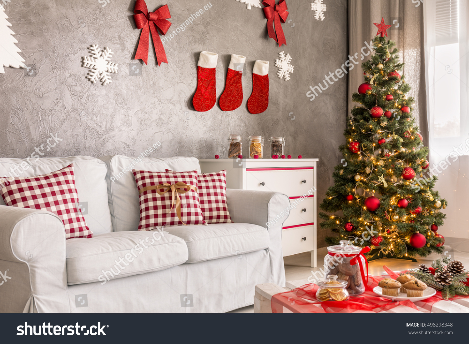 modern living room grey white christmas stock photo safe to use