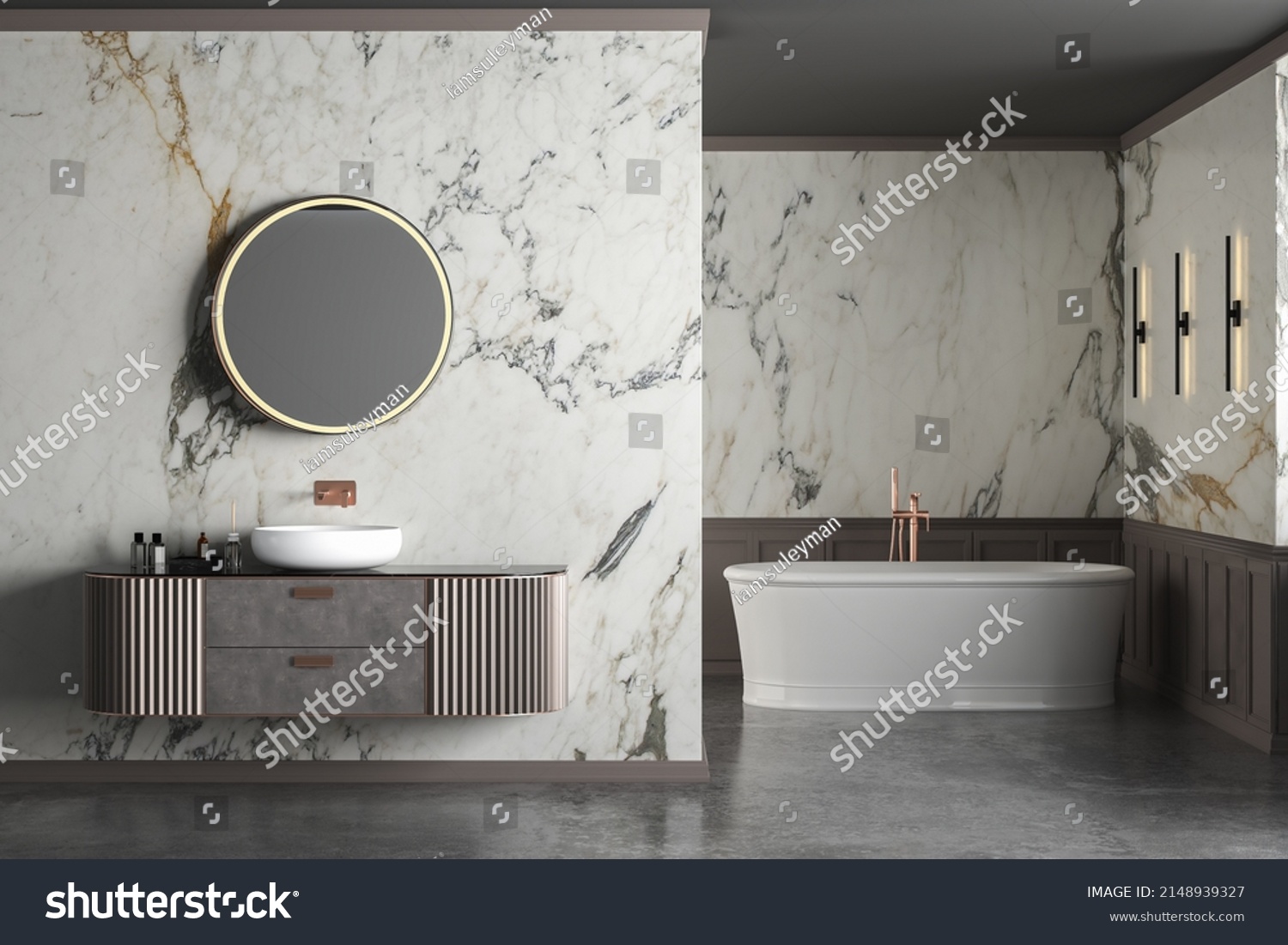 Modern Luxury Bathroom White Marble Walls Stock Illustration 2148939327   Stock Photo Modern Luxury Bathroom White Marble Walls Bathtub Concrete Floor Indoor Plants Front View 2148939327 