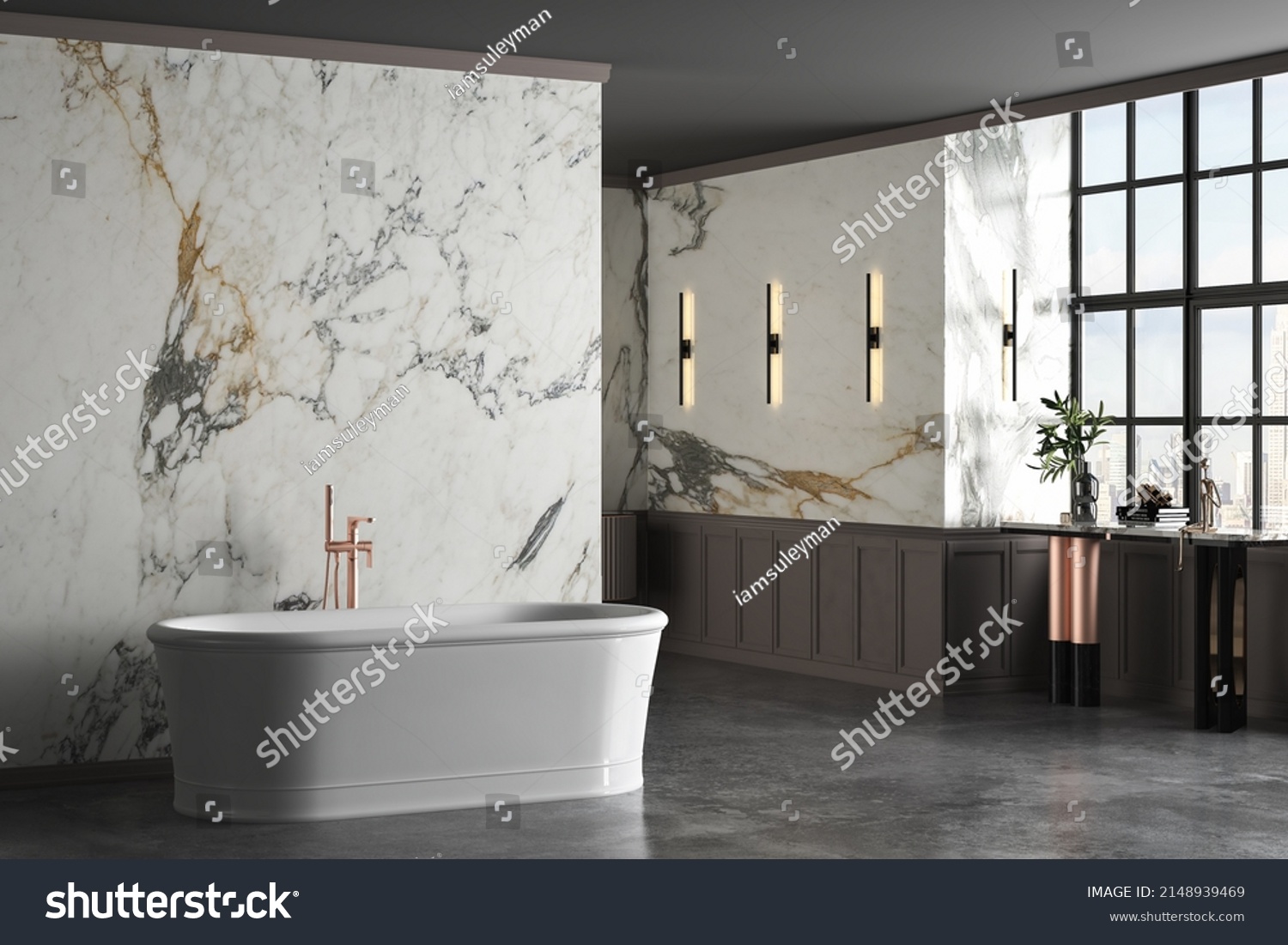 Modern Luxury Bathroom White Marble Walls Stock Illustration 2148939469   Stock Photo Modern Luxury Bathroom White Marble Walls Bathtub Concrete Floor Indoor Plants Side View 2148939469 