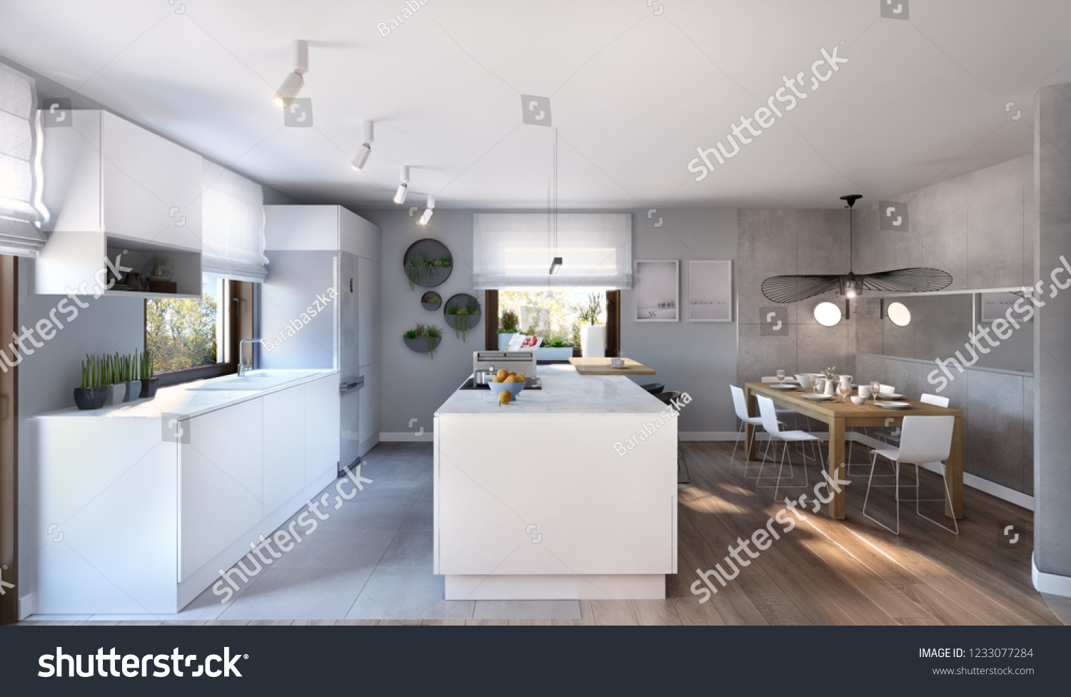 Modern Luxury Kitchen White Cupboards Chalk Stock Illustration 1233077284