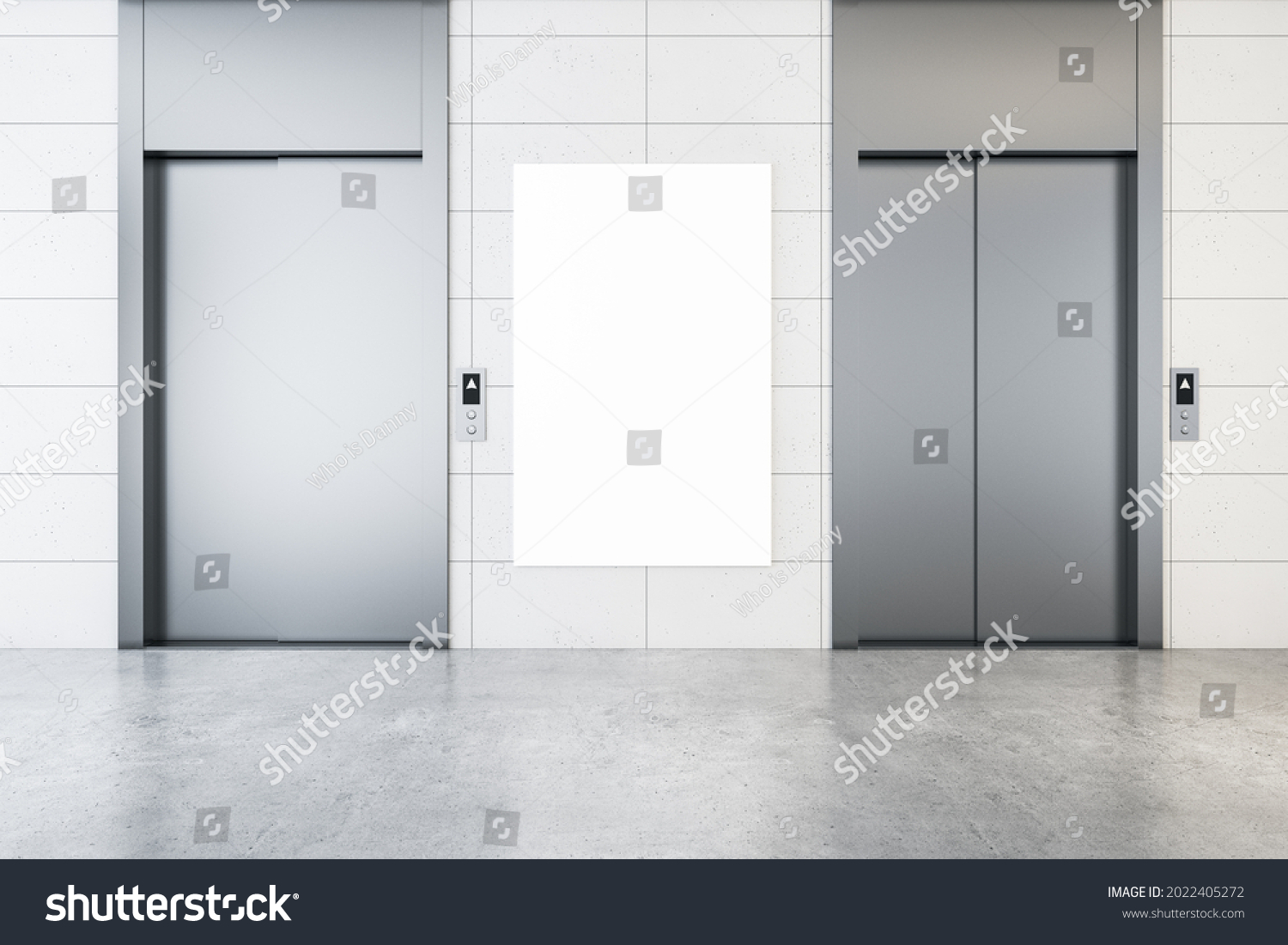 Modern Office Lobby Interior Steel Elevators Stockillustration   Stock Photo Modern Office Lobby Interior With Steel Elevators Empty Banner Concrete Flooring And Tile Wall 2022405272 