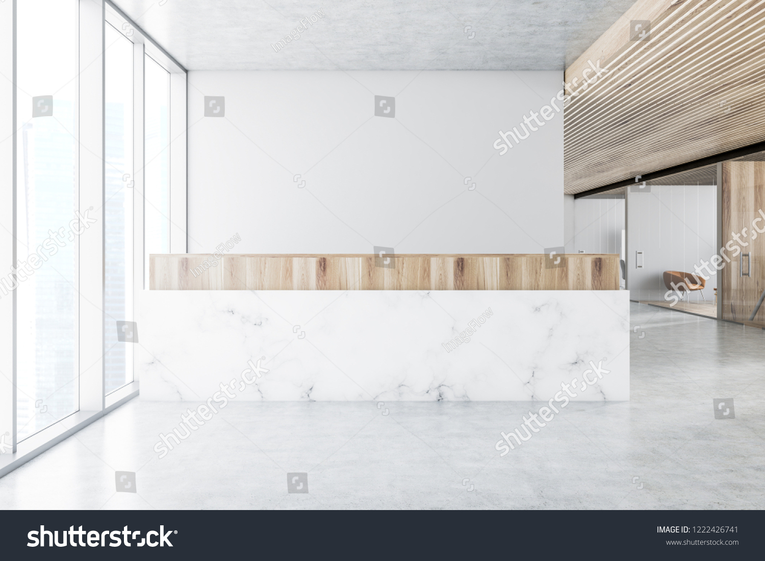 Modern Office Reception Area White Walls Stock Illustration 1222426741