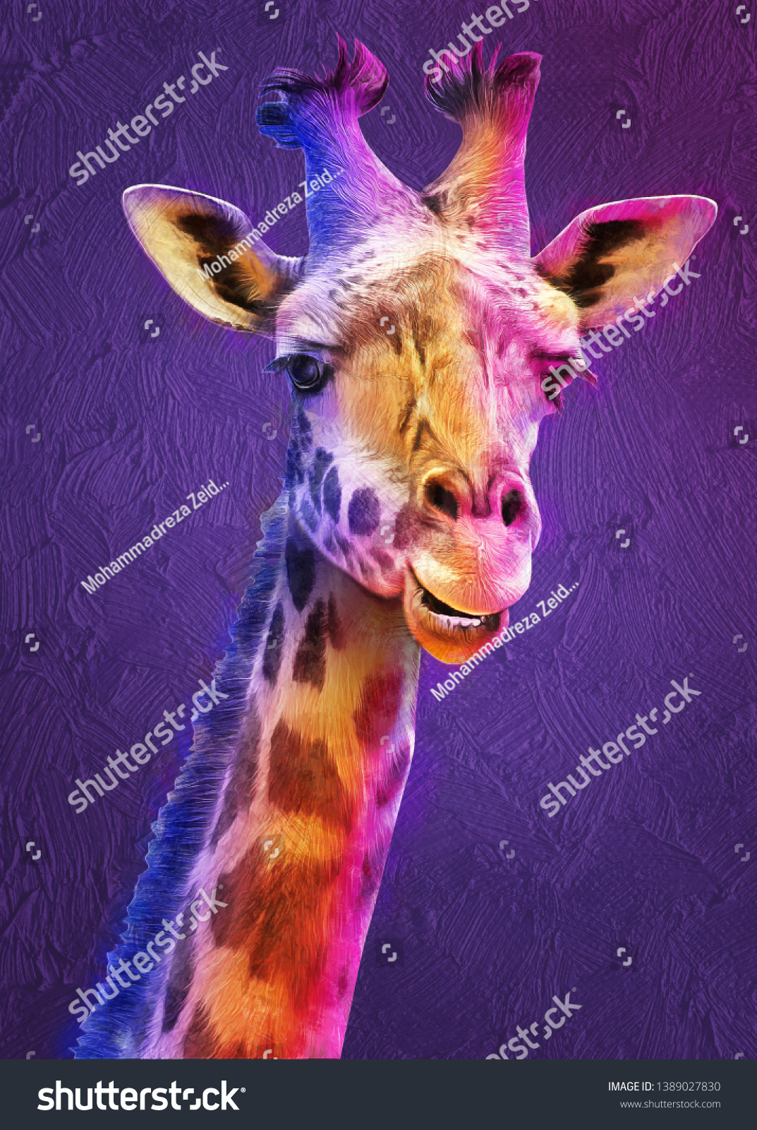 Modern Oil Painting Colorful Giraffe Violet Stock Illustration 1389027830