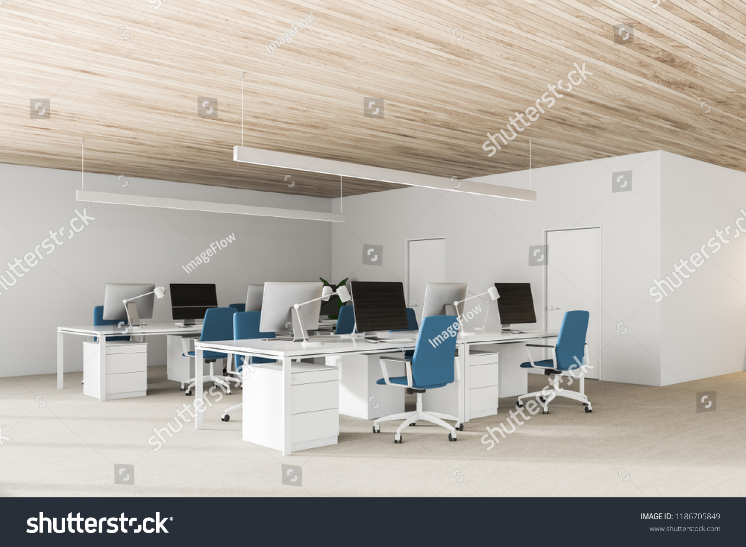 Modern Open Space Office Interior Wooden Stock Illustration