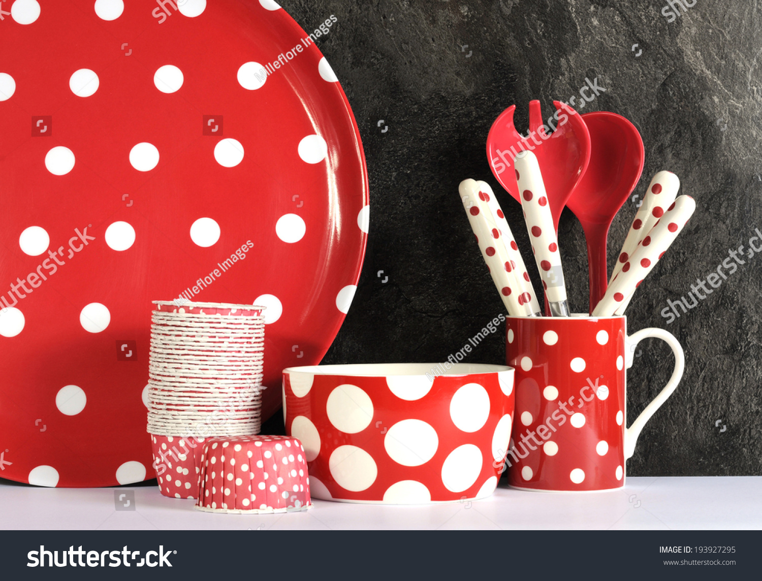 Modern Red And White Polka Dot Kitchen Setting Stock Photo