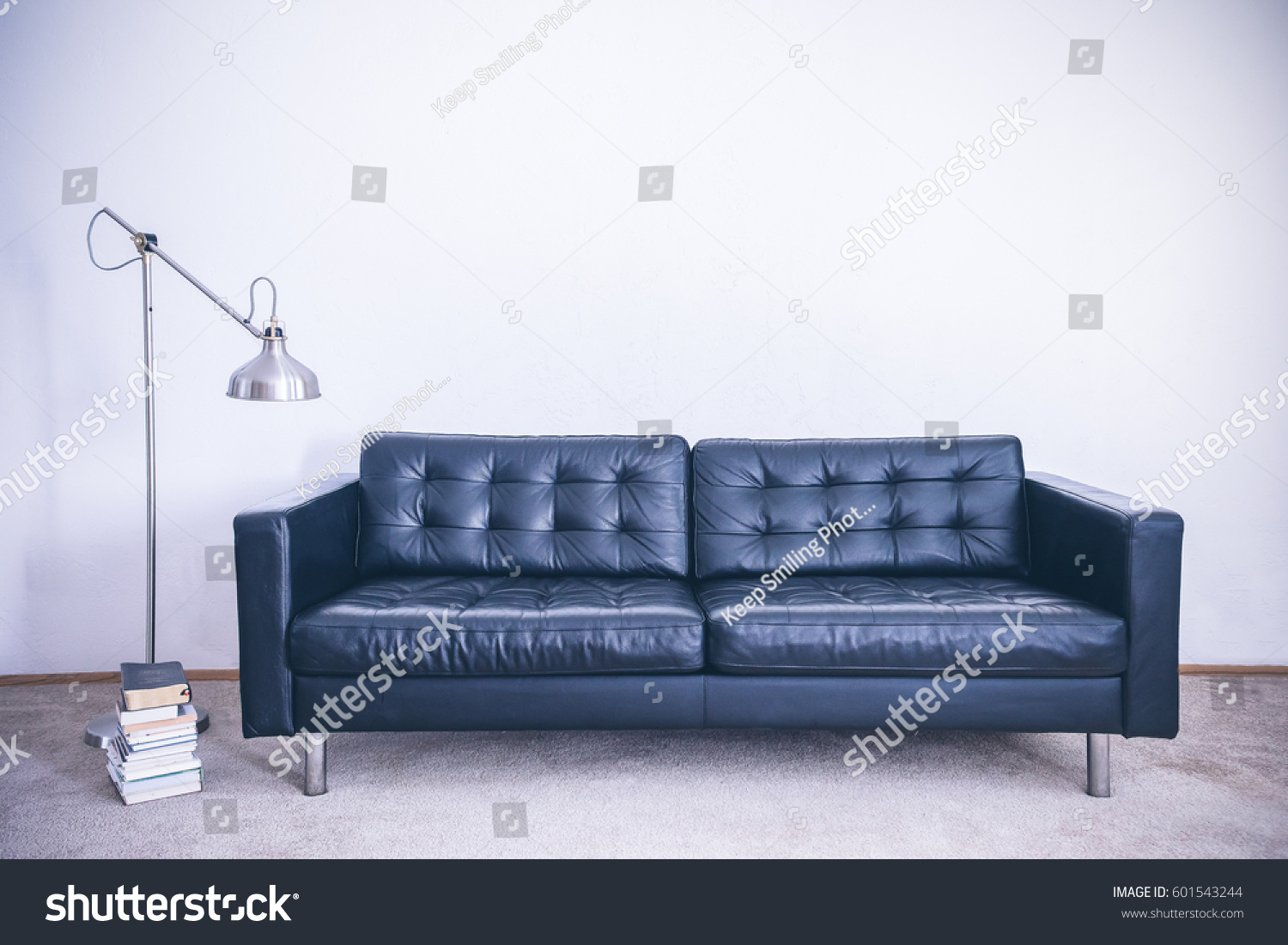 Modern Room Interior Black Leather Couch Stock Photo 601543244   Stock Photo Modern Room Interior Black Leather Couch And A Lamp 601543244 