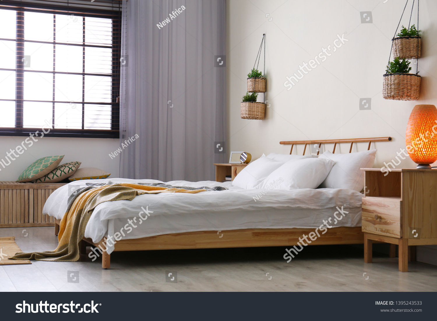 Modern Room Interior Comfortable Double Bed Stock Photo