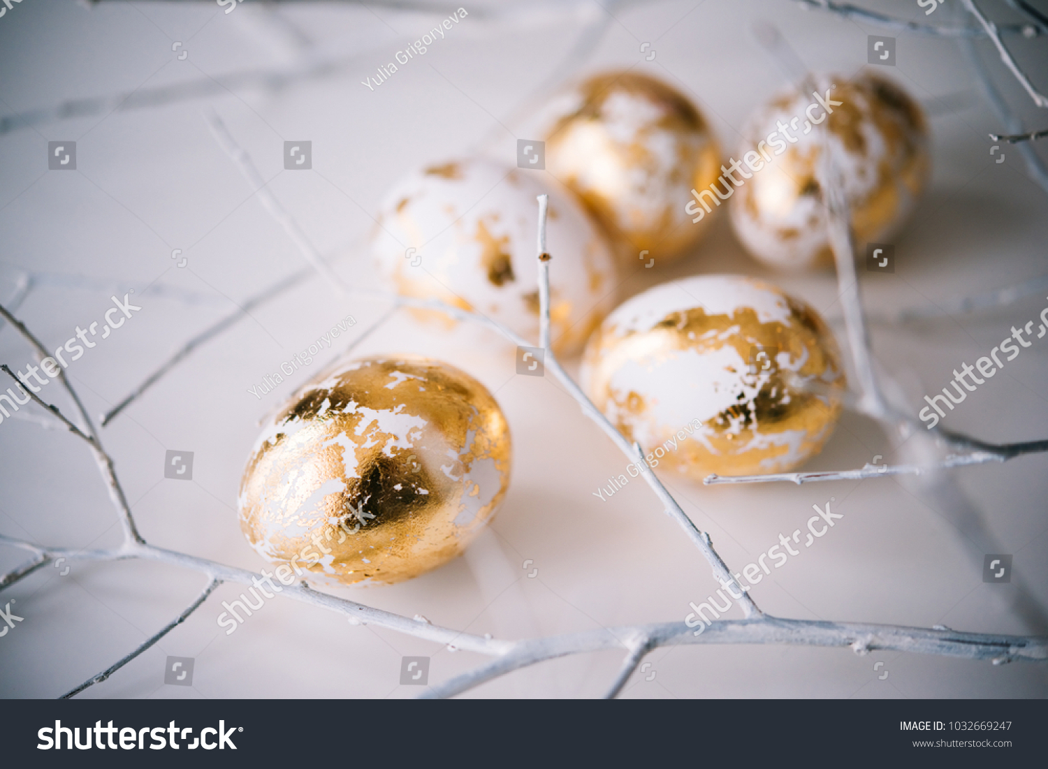 Modern Style Easter Eggs Coated Golden Stock Photo 1032669247