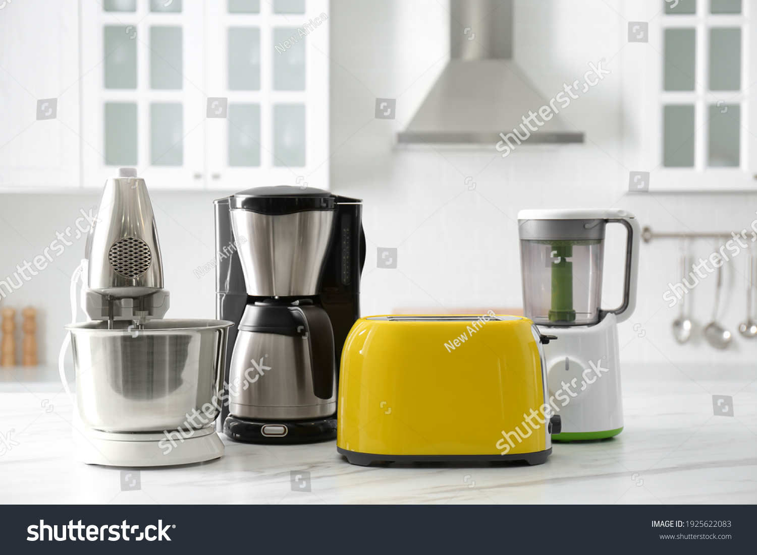 Stock Photo Modern Toaster And Other Home Appliances On White Marble Table In Kitchen 1925622083 