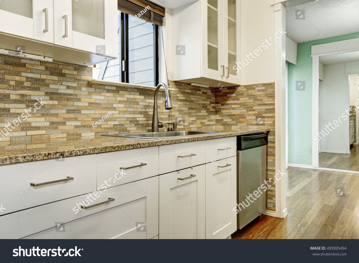 Modern White Cabinets Brown Mosaic Backsplash Stock Photo Edit Now 495995494