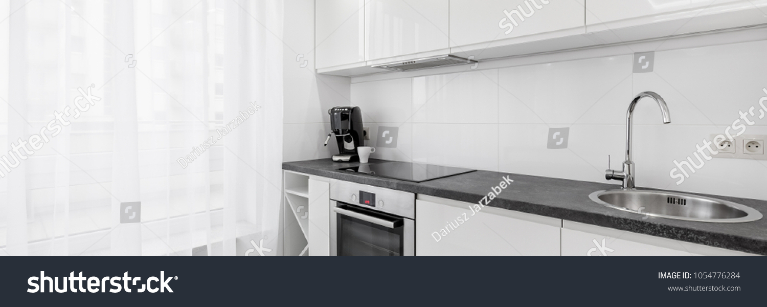 Modern White Kitchen Black Countertop Sink Stock Photo Edit Now