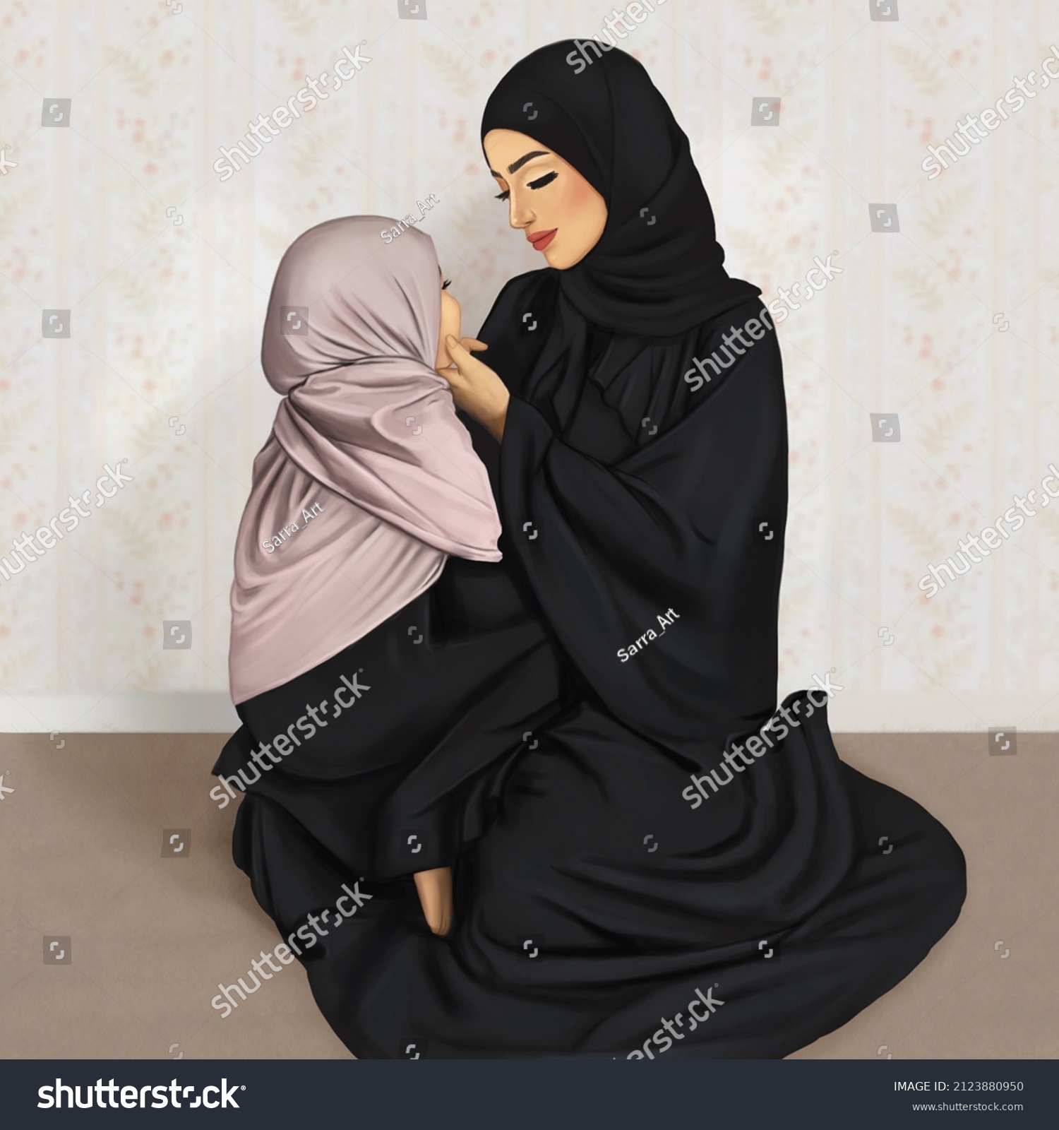 Mom Daughter Wearing Hijab Stock Illustration 2123880950 