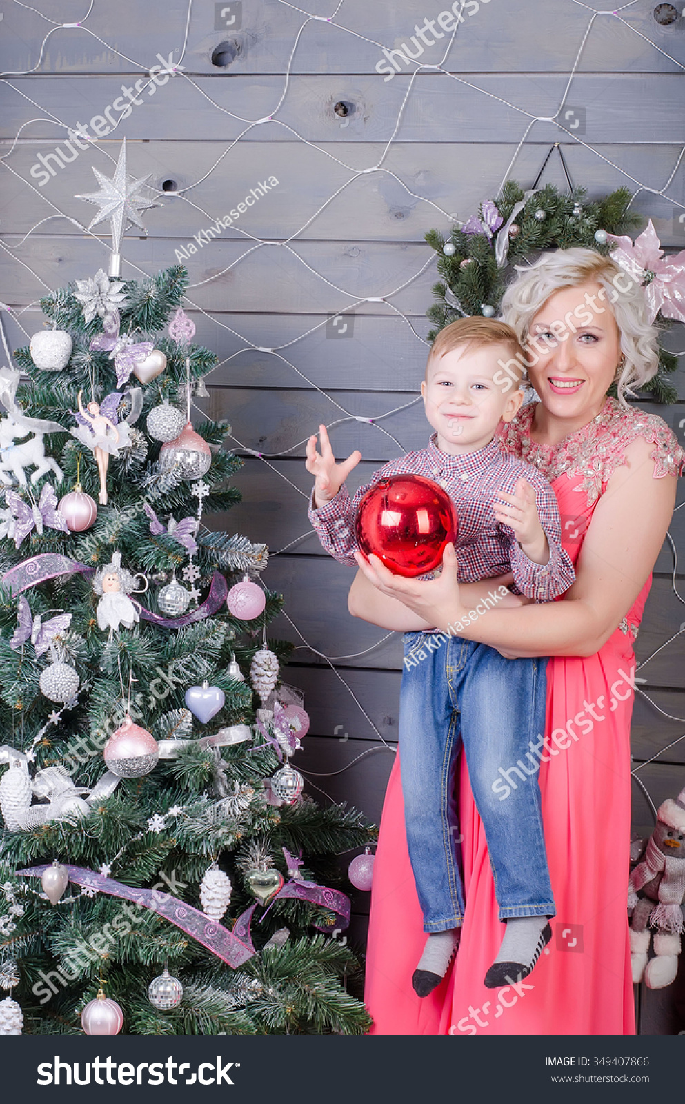 Mom Son Near Christmas Tree Home Stock Photo Edit Now 349407866