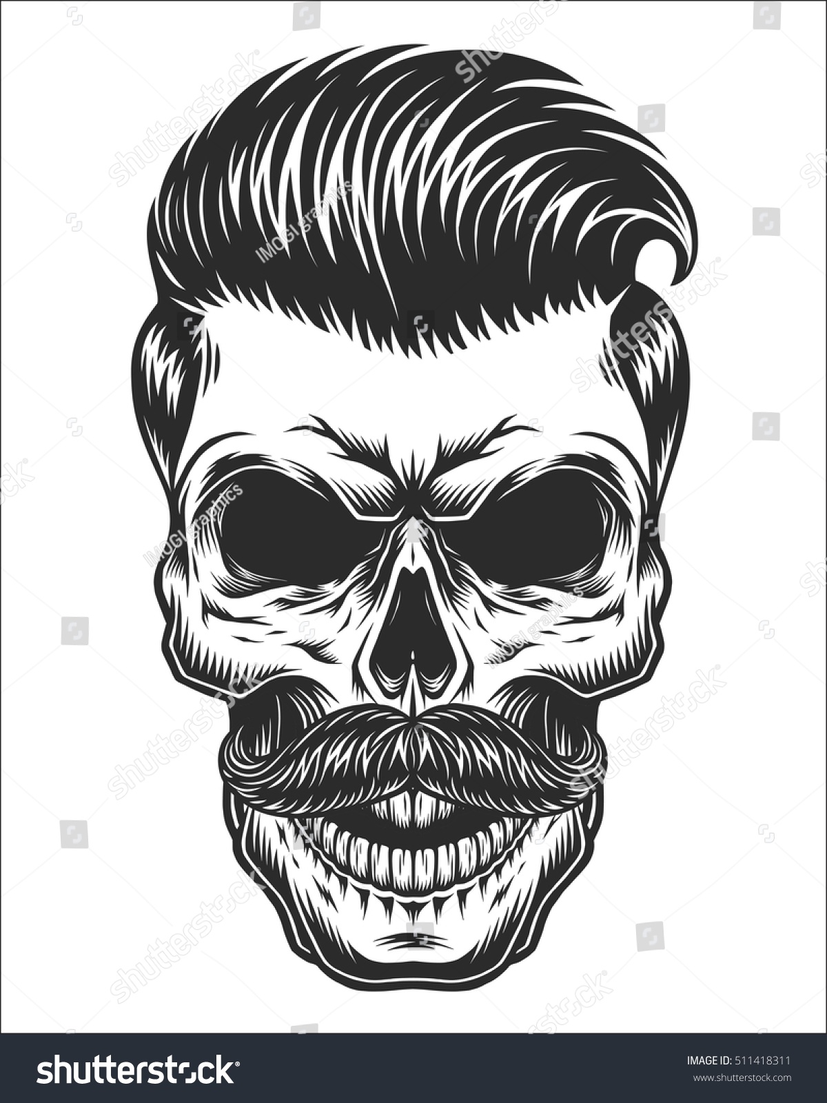 Monochrome Illustration Skull Mustache Hipster Haircut 