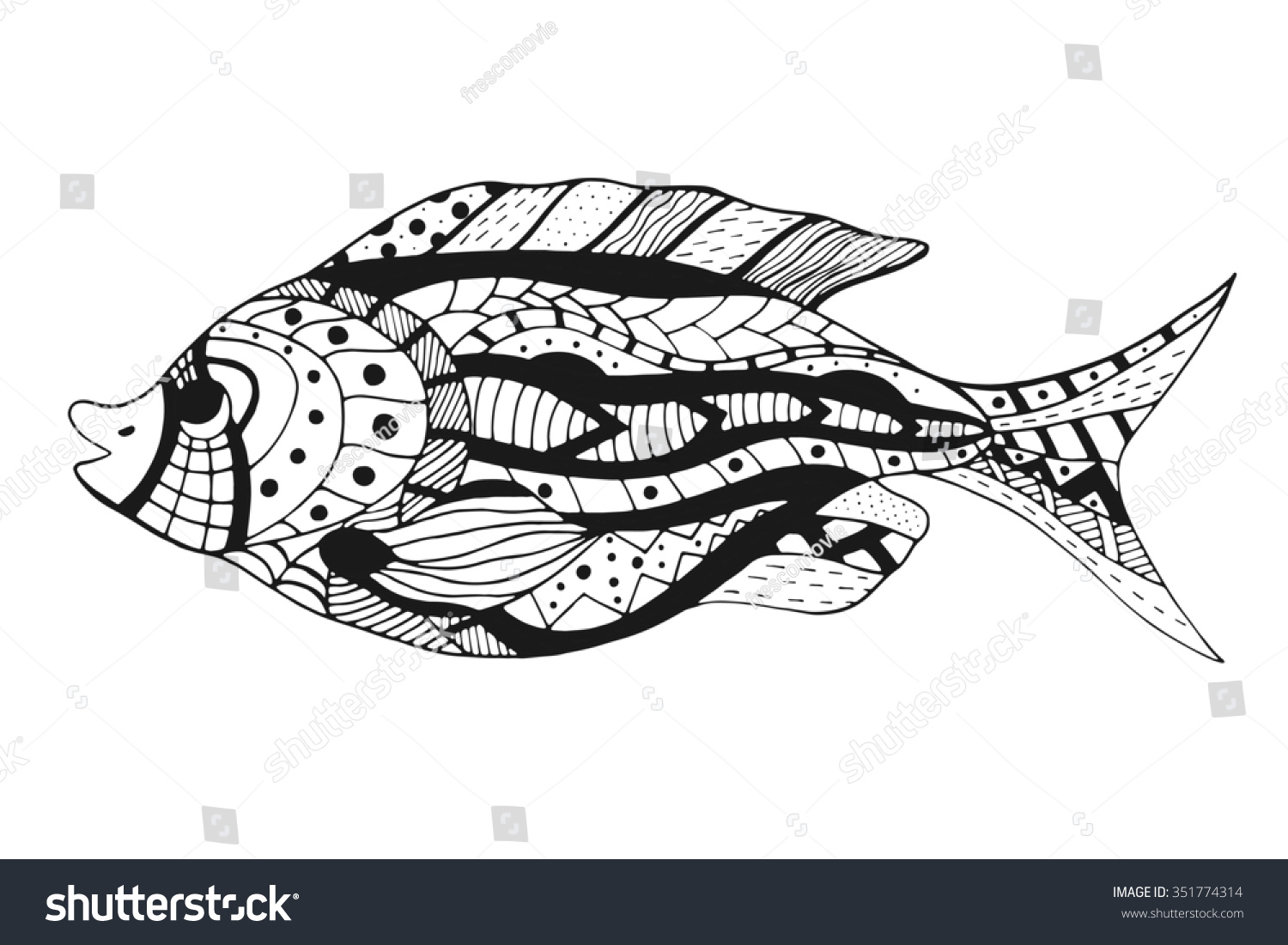 Monochrome Zentangle Stylized Fish Hand Drawn Doodle Art