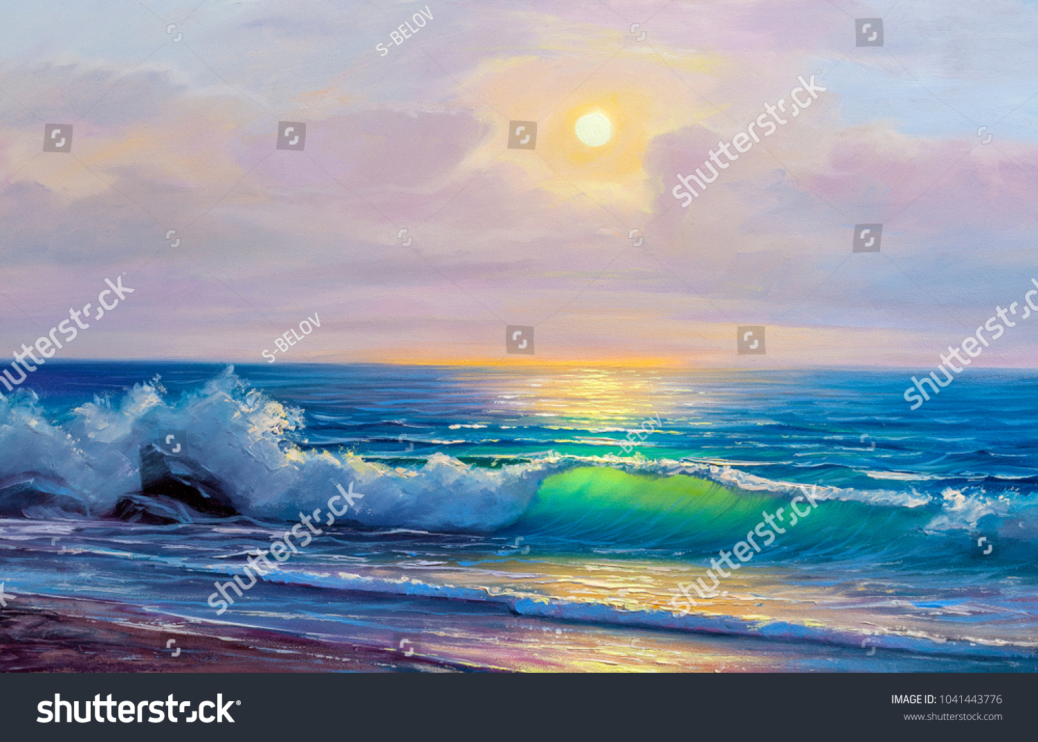 海の朝 波 イラトス 油絵はキャンバスに絵の具を描く のイラスト素材