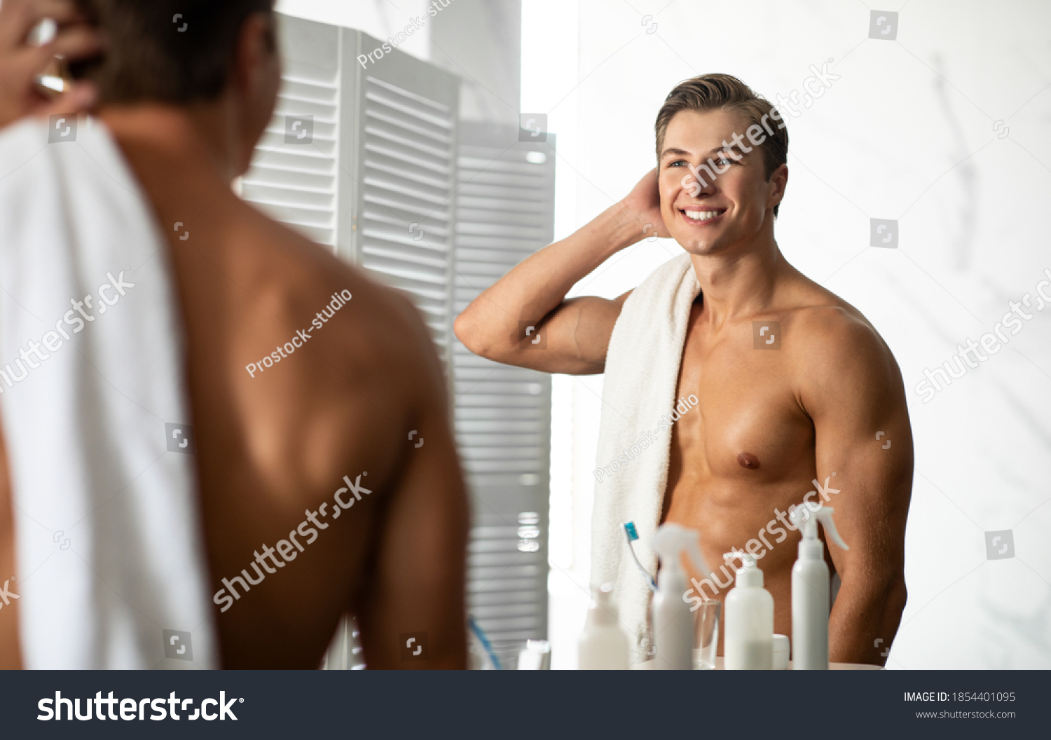 Morning Routine Concept Shirtless Smiling Guy Stock Photo Edit Now