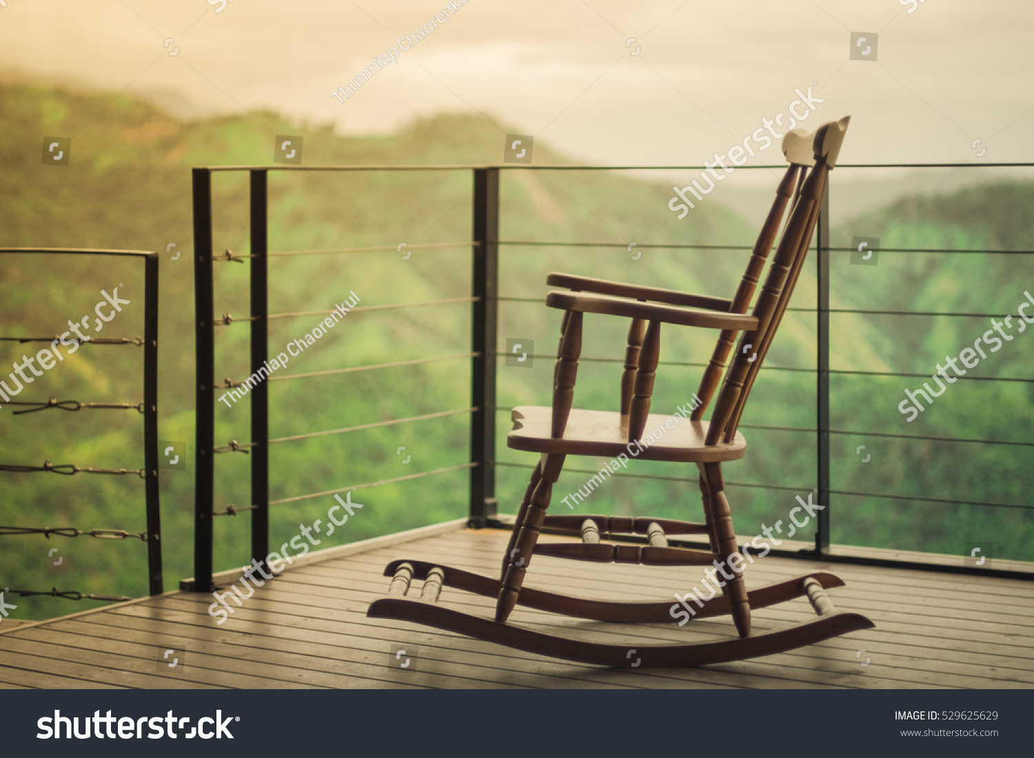 Morning Wooden Rocking Chair Mountain Background Stock Photo 529625629