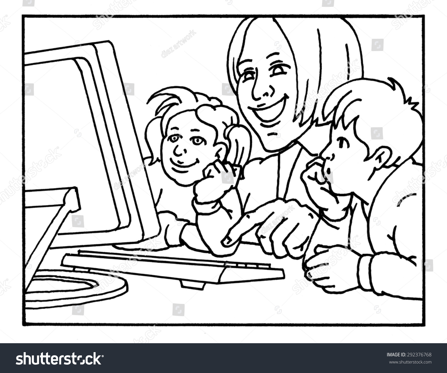 Mother Teacher Children Computer Black White Stock Illustration