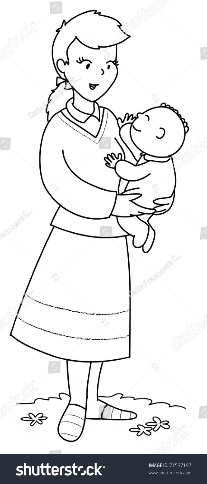 Mother With Cute Baby. Black And White Illustration. - 71537197 ...