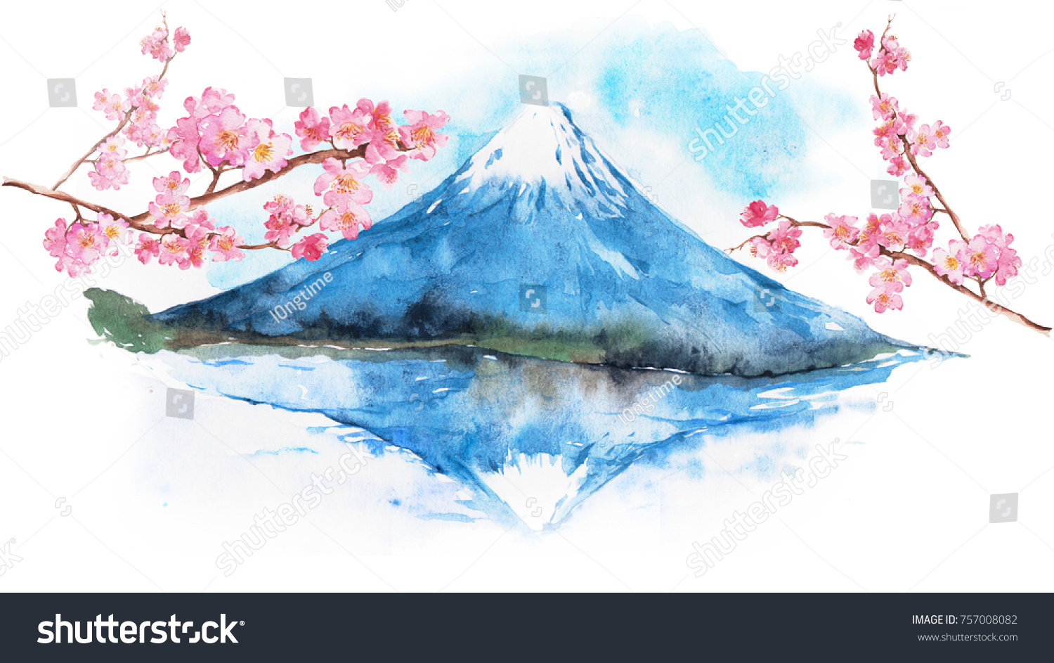 Mount Fuji Cherry Blossoms Hand Drawn Stock Illustration 757008082