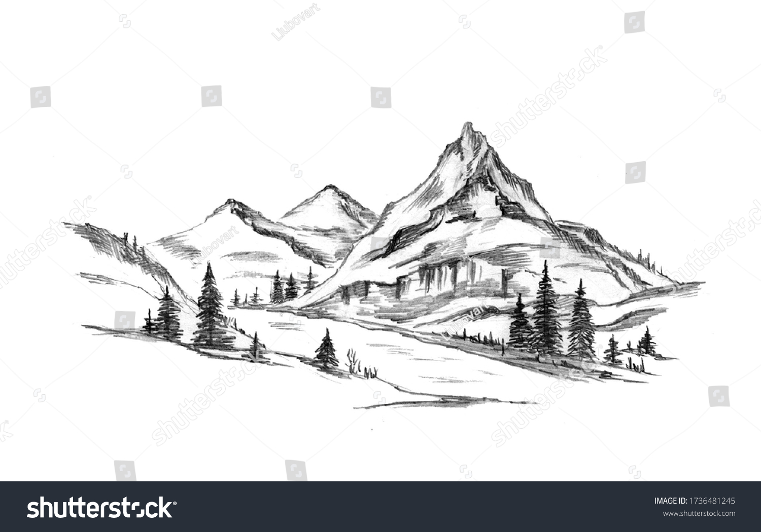 山の風景スケッチ 山川木 白い背景に白黒のグレースケール横長 鉛筆で描いた手 グラフィックスタイルの岩山 のイラスト素材