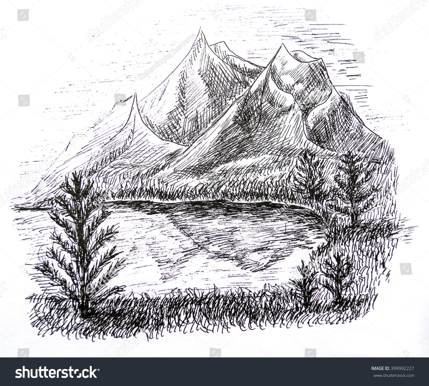 Mountain Landscape Lake Trees Drawn Black Stock Illustration 399992227 ...