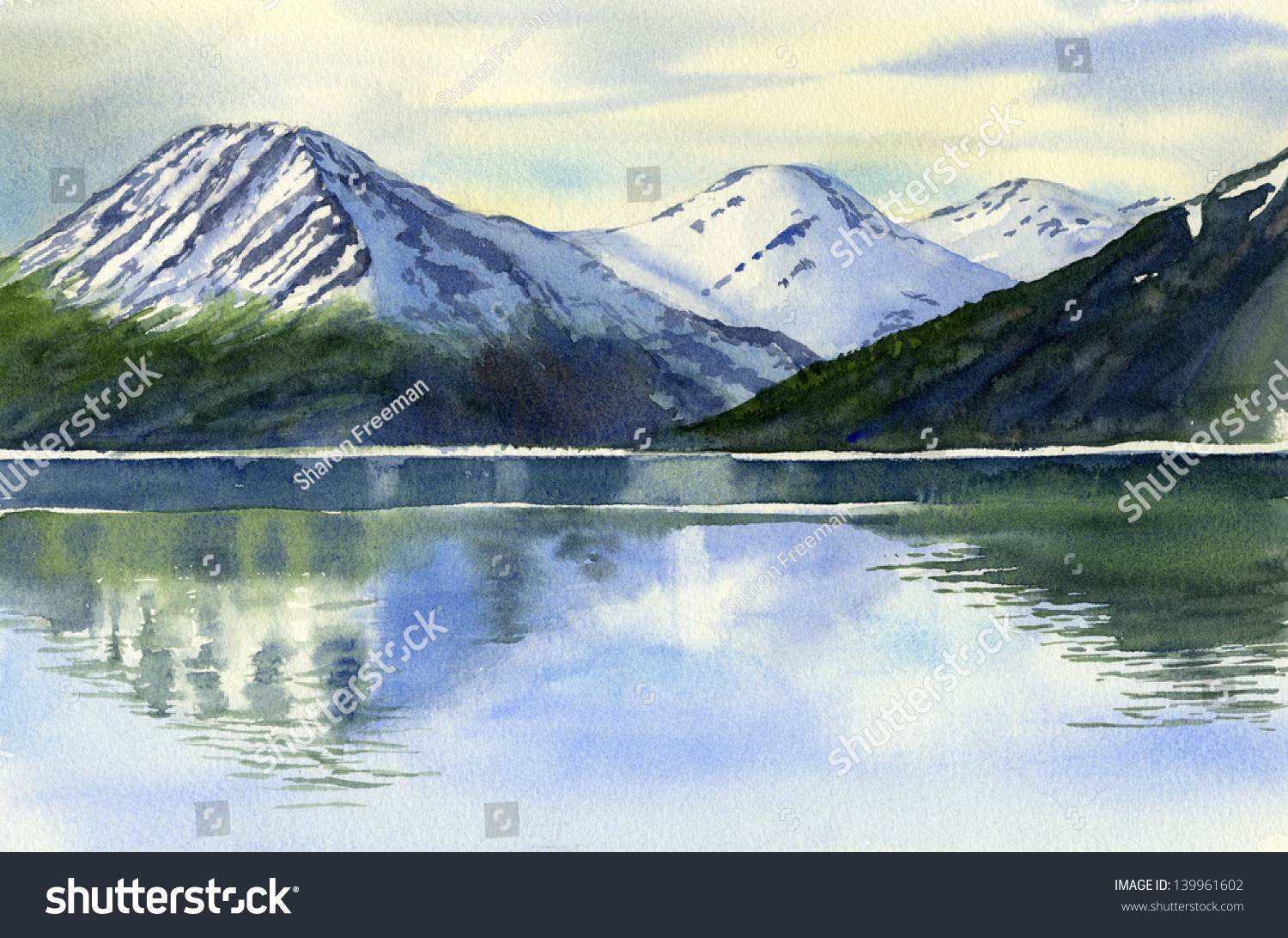Mountain Reflections Watercolor Landscape Painting Snow Stock ...