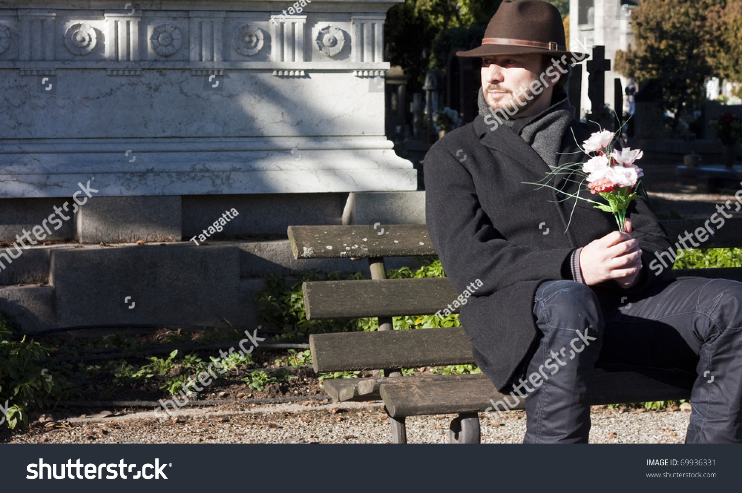 Mourning Man Seating On Bench Graveyard Stock Photo (Edit Now) 69936331