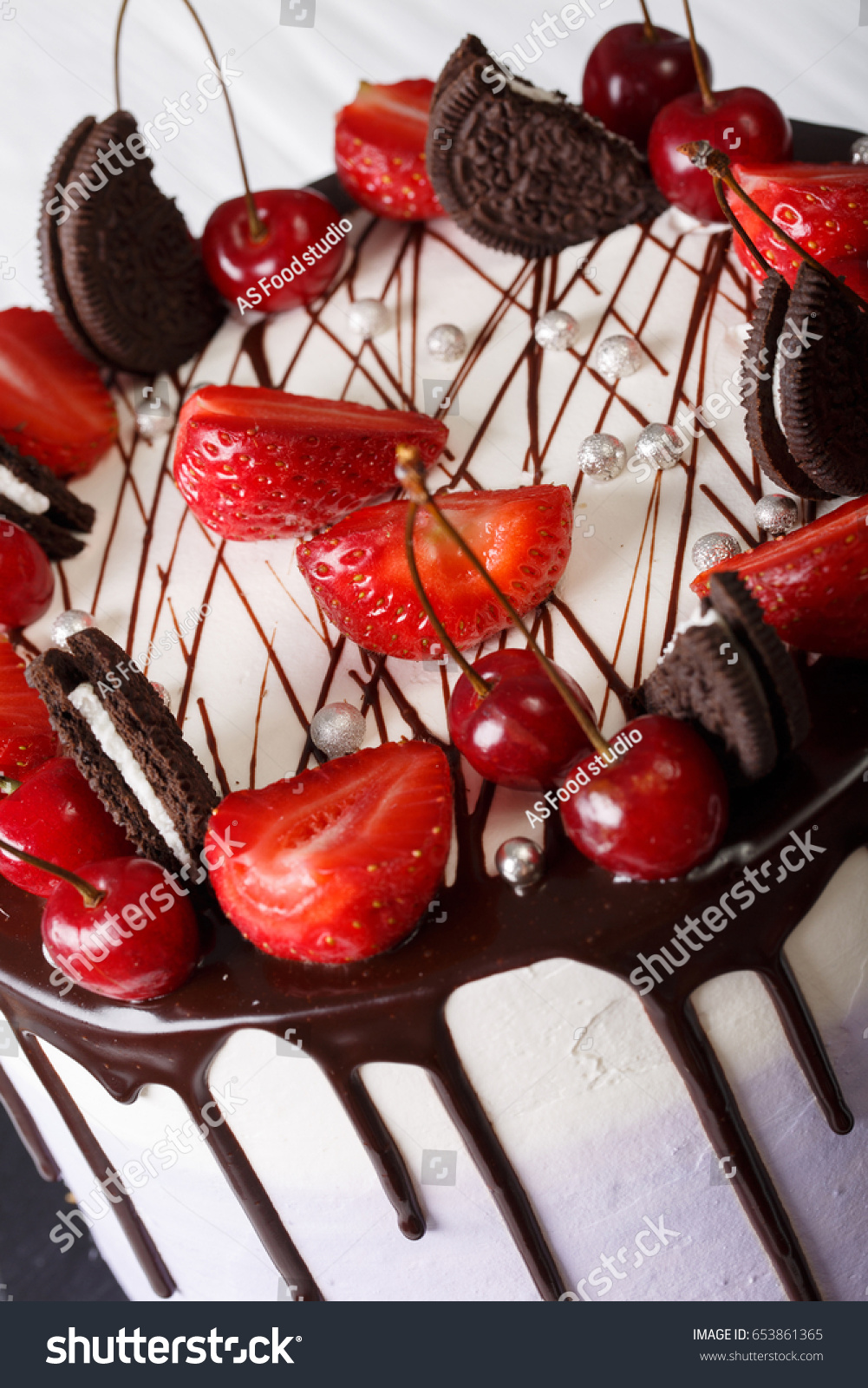 Mousse Cake Fresh Strawberries Cherries Decorated Stock Photo