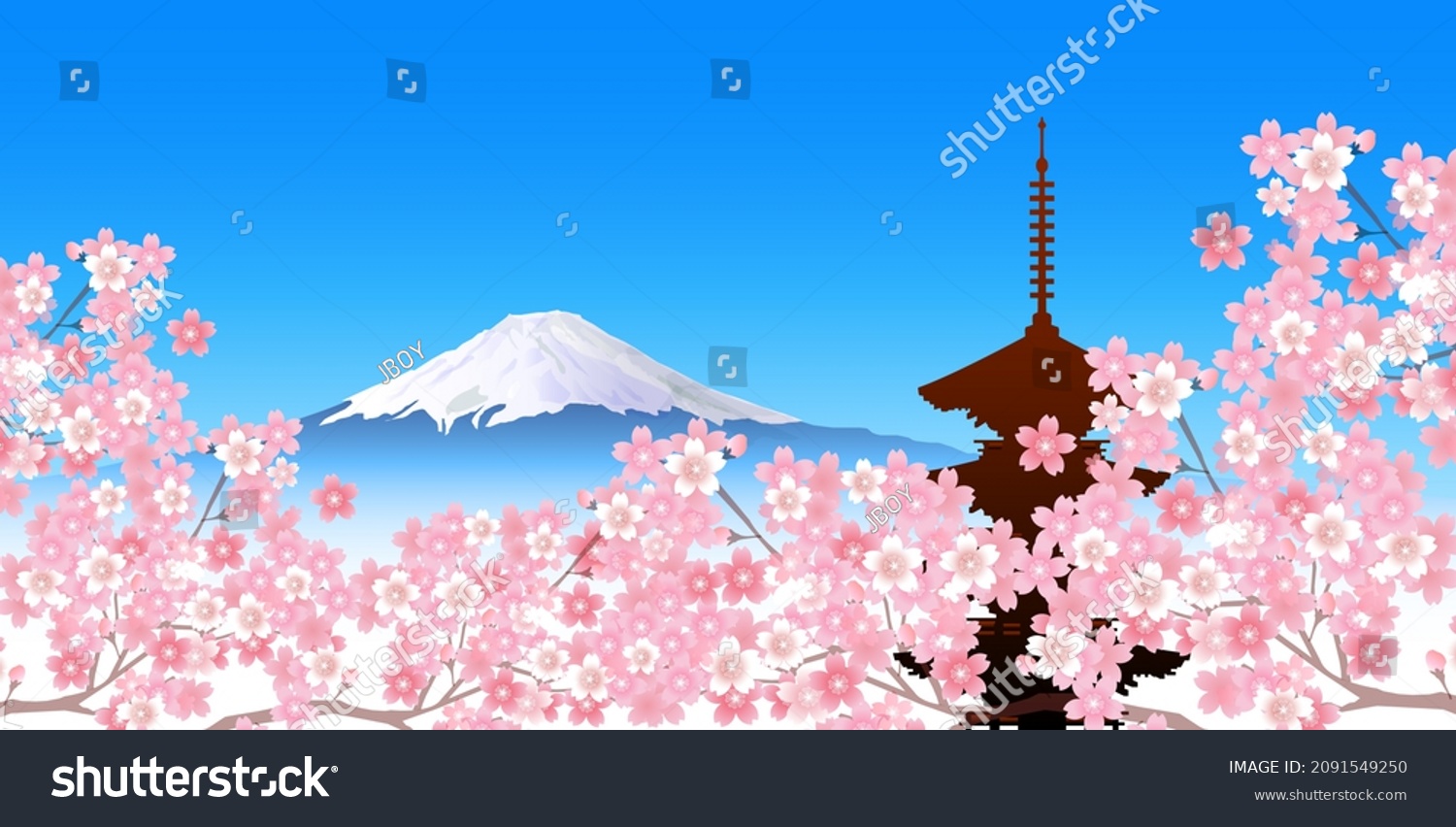 Mt Fuji Cherry Blossom Spring Background Stock Illustration 2091549250 ...