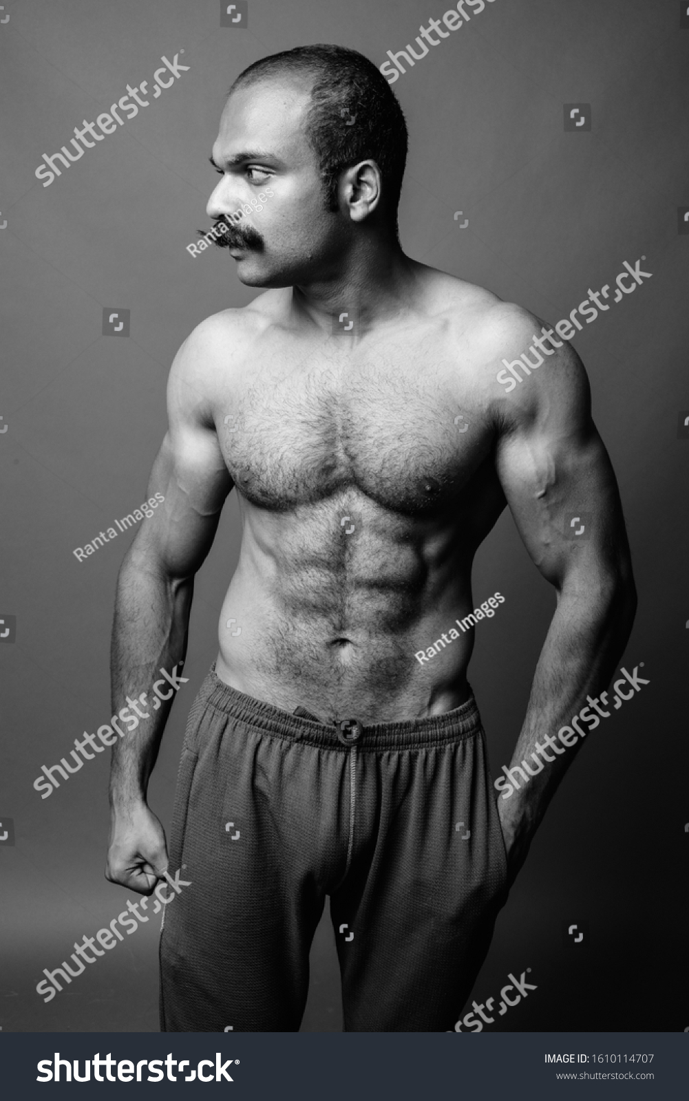 Muscular Indian Man Mustache Shirtless Against库存照片1610114707 Shutterstock 1356