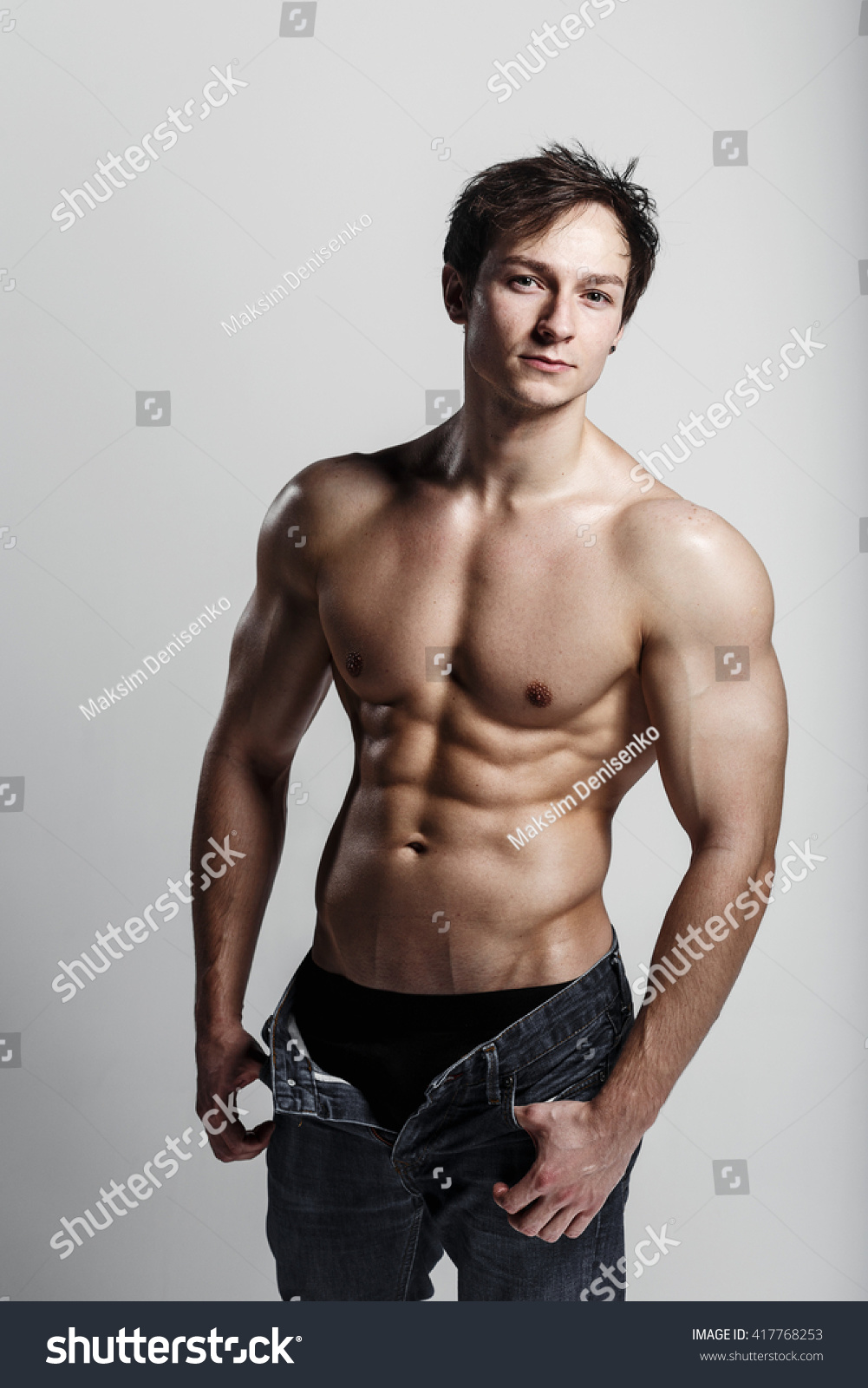 Muscular Male Model Bodybuilder Unbuttoned Jeans Stock Photo (Edit Now ...